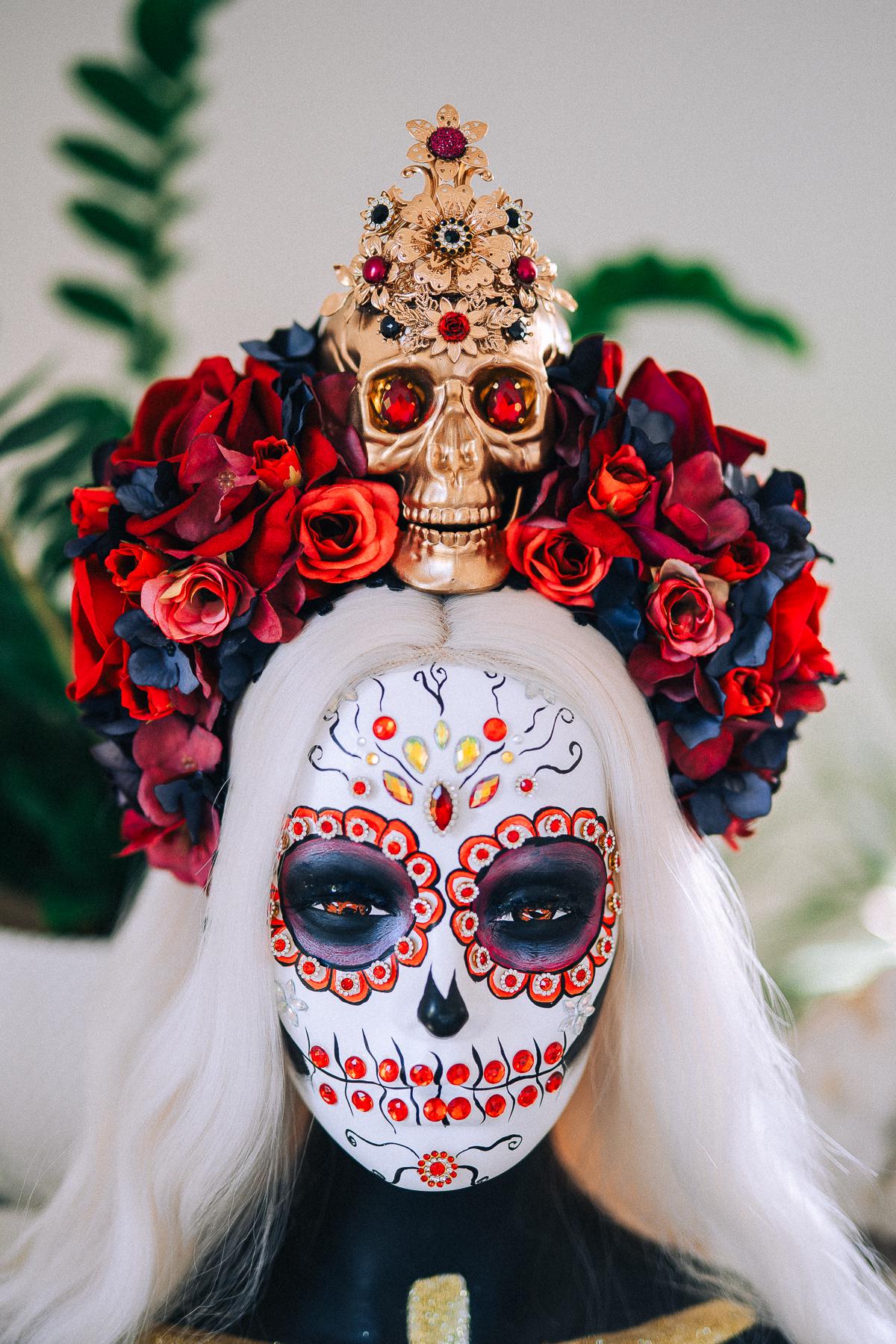 La Catrina Ruby Rose Crown, Día de los Muertos Floral Crown, Sugar Skull Headpiece, Mexican Flower Crown, Luxury Couture Crown