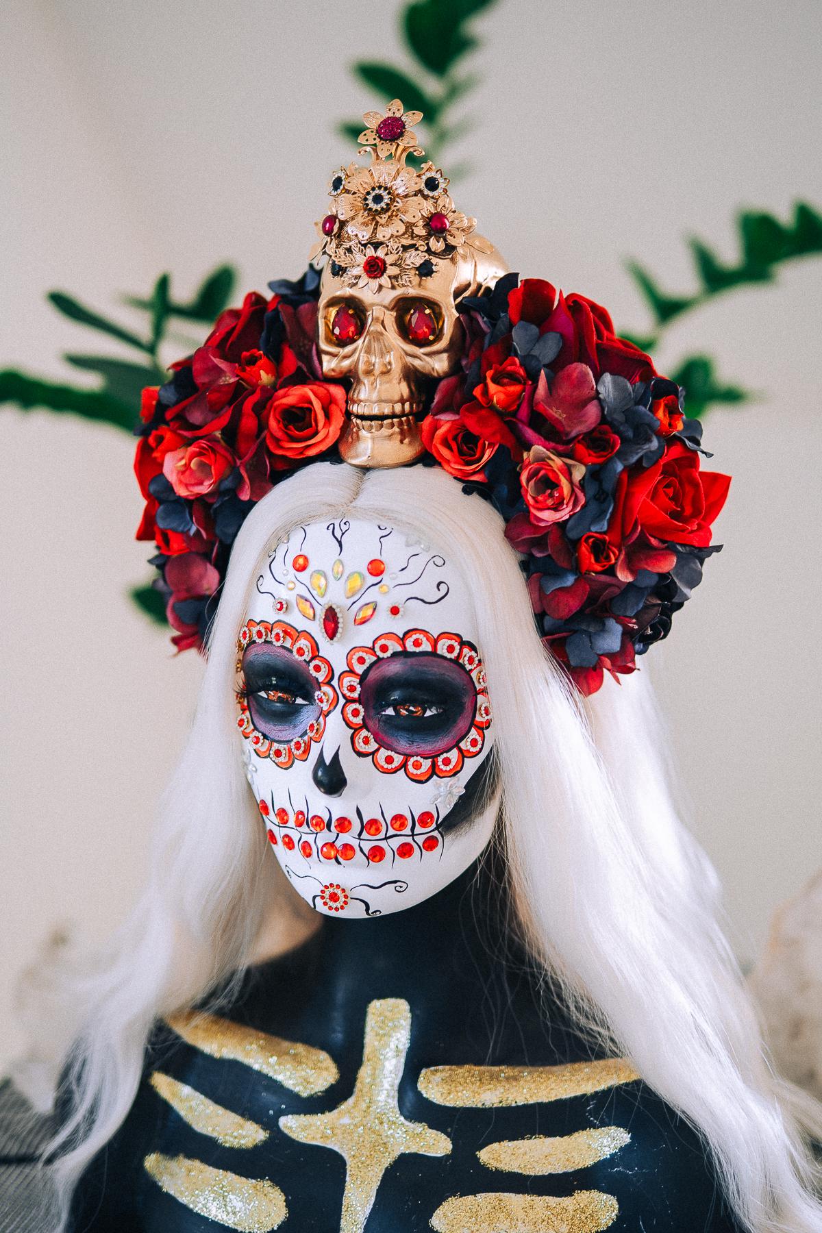 La Catrina Ruby Rose Crown, Día de los Muertos Floral Crown, Sugar Skull Headpiece, Mexican Flower Crown, Luxury Couture Crown