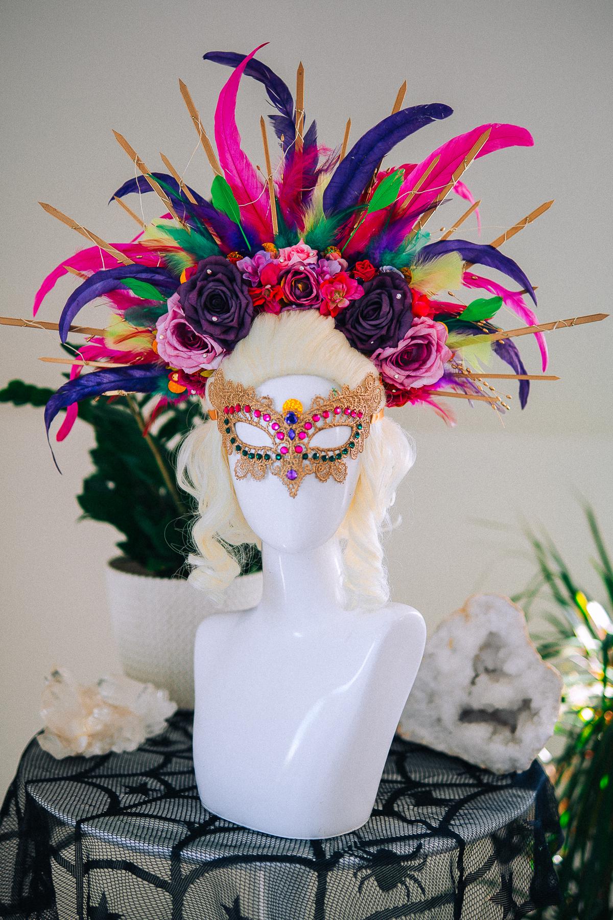 LED Feather Halo Crown, Mardi Gras Headpiece, Light Up Halo Crown, Carnival Crown, Feather Festival Crown, Couture Halo Headpiece