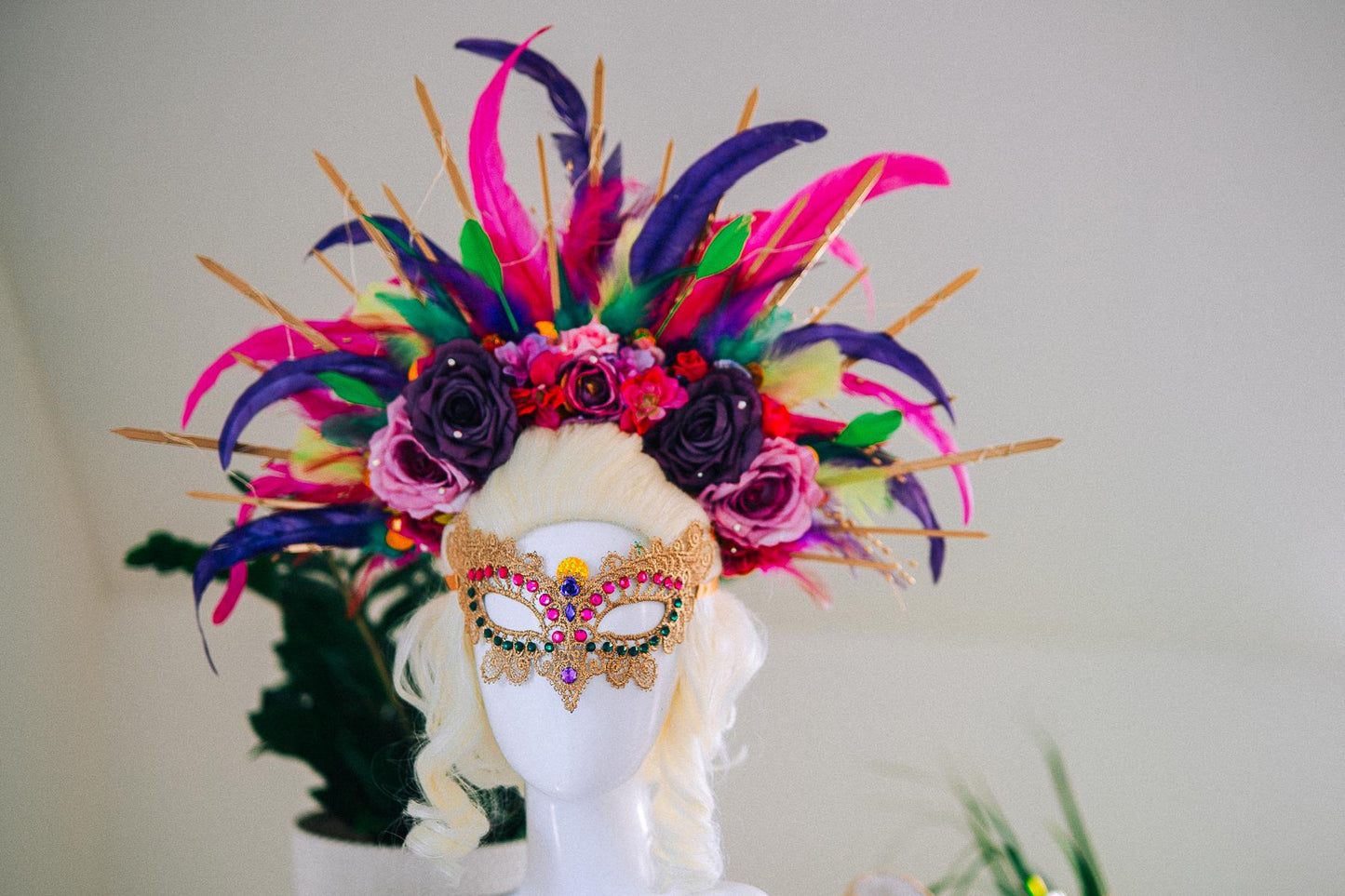 LED Feather Halo Crown, Mardi Gras Headpiece, Light Up Halo Crown, Carnival Crown, Feather Festival Crown, Couture Halo Headpiece