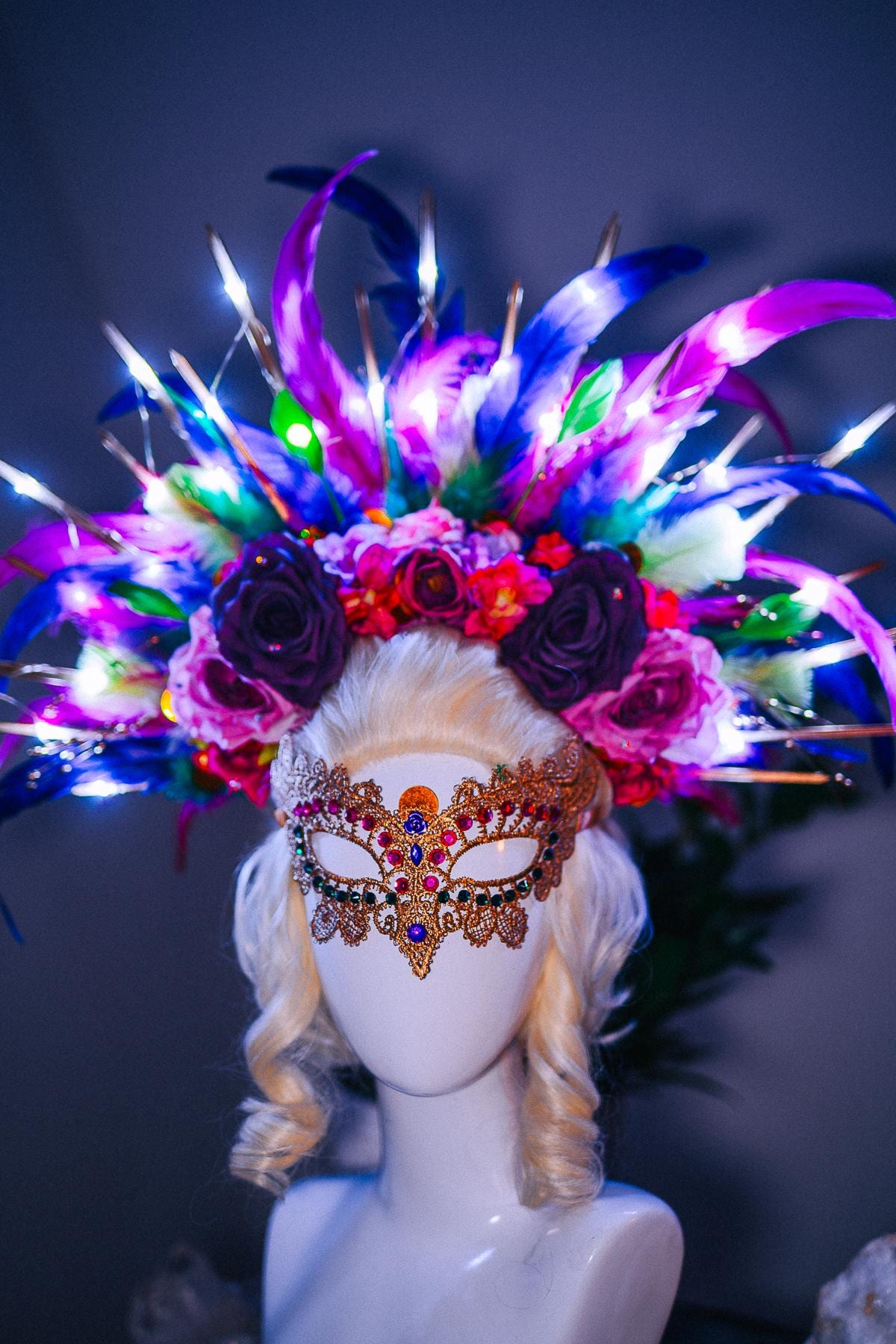 LED Feather Halo Crown, Mardi Gras Headpiece, Light Up Halo Crown, Carnival Crown, Feather Festival Crown, Couture Halo Headpiece