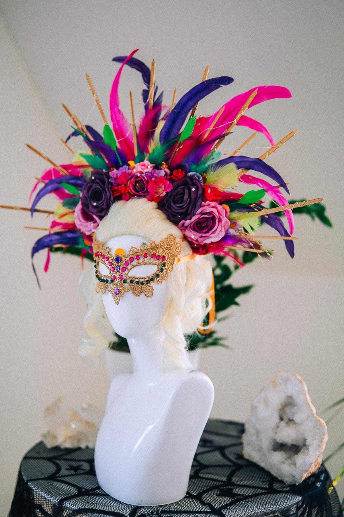 LED Feather Halo Crown, Mardi Gras Headpiece, Light Up Halo Crown, Carnival Crown, Feather Festival Crown, Couture Halo Headpiece