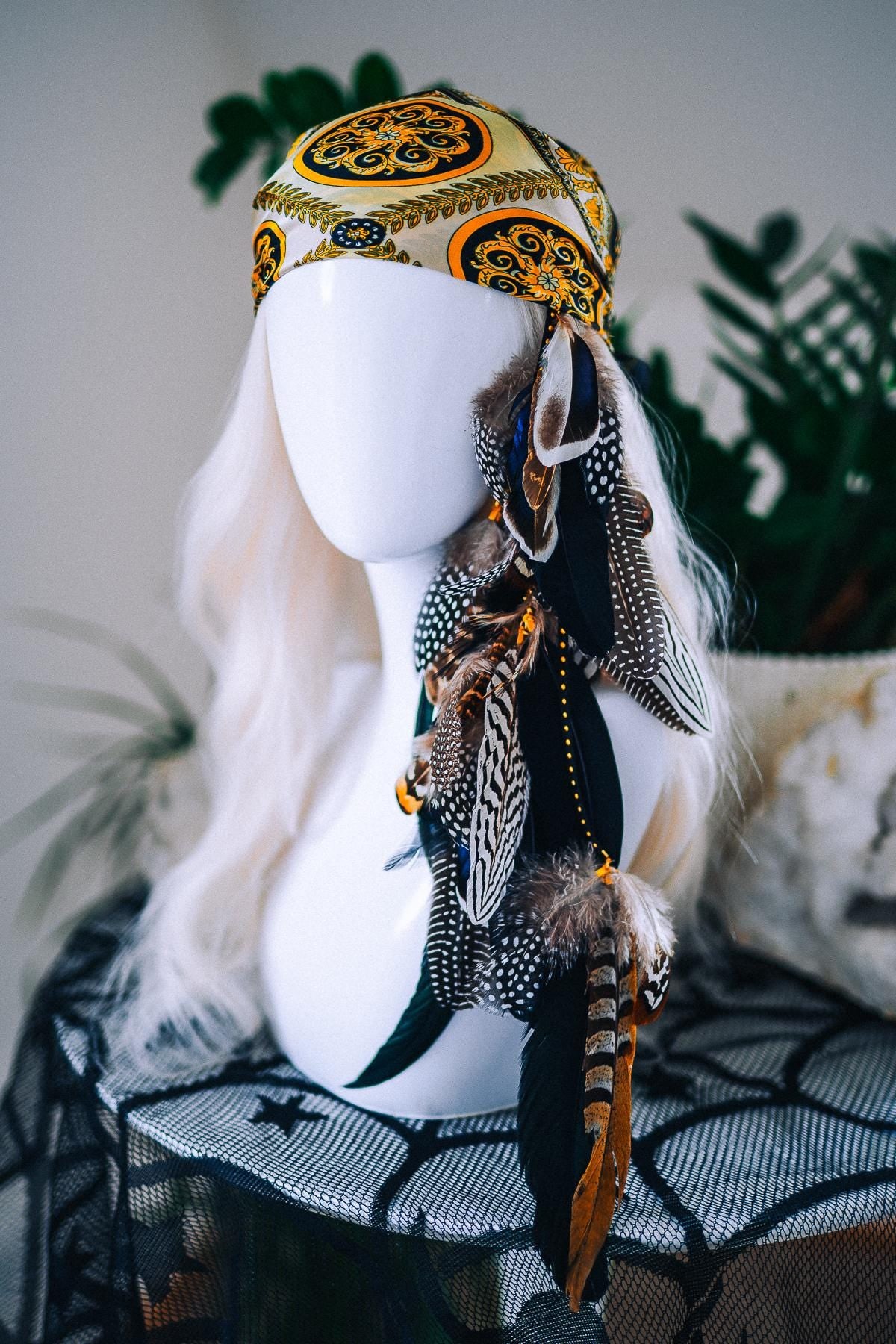Pirate Feather Hair Clip with Scarf – Renaissance Pirate Hair Accessory