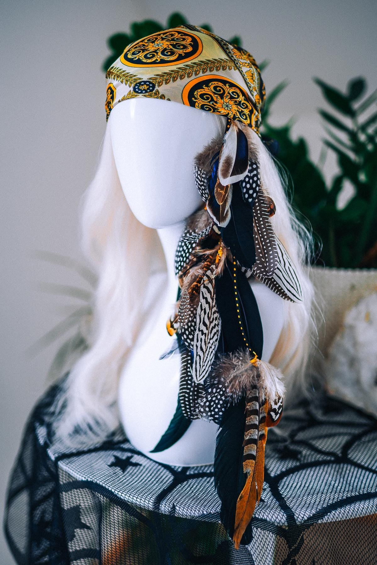 Pirate Feather Hair Clip with Scarf – Renaissance Pirate Hair Accessory