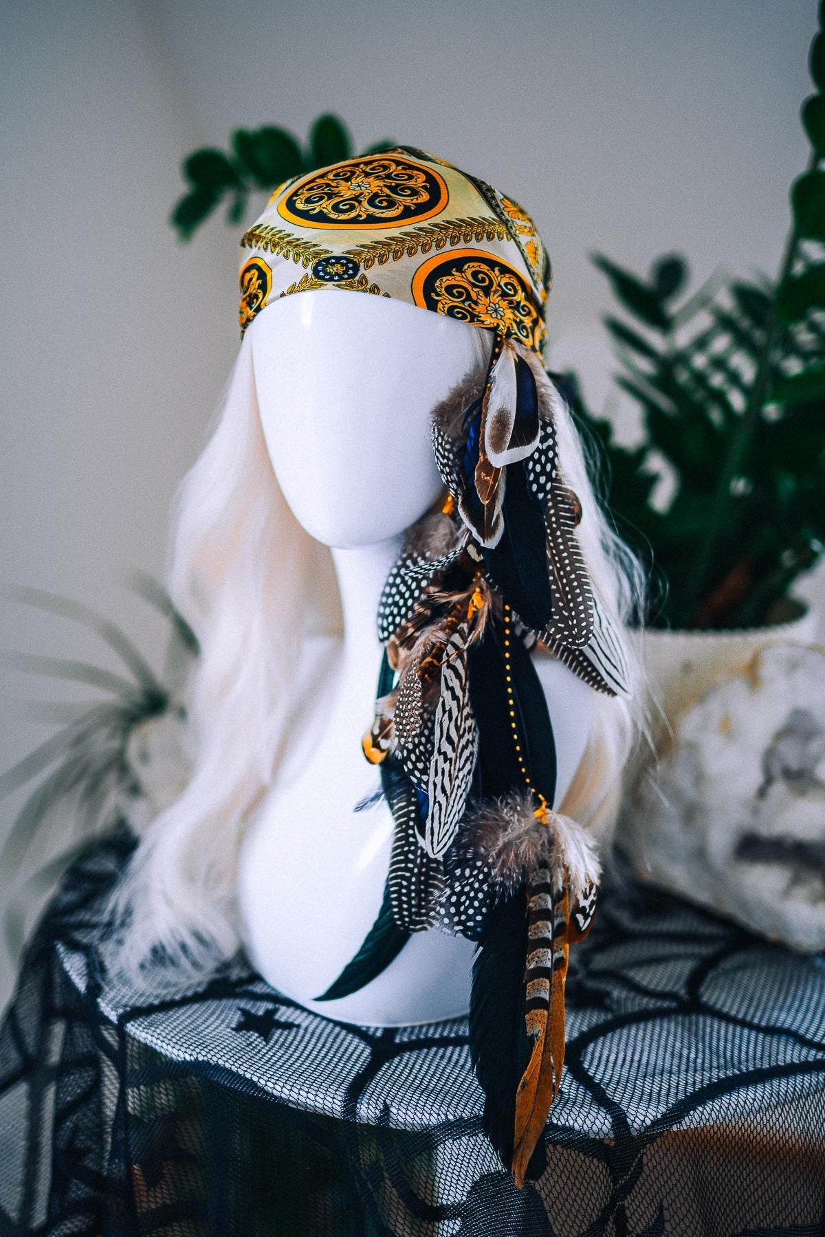 Pirate Feather Hair Clip with Scarf – Renaissance Pirate Hair Accessory