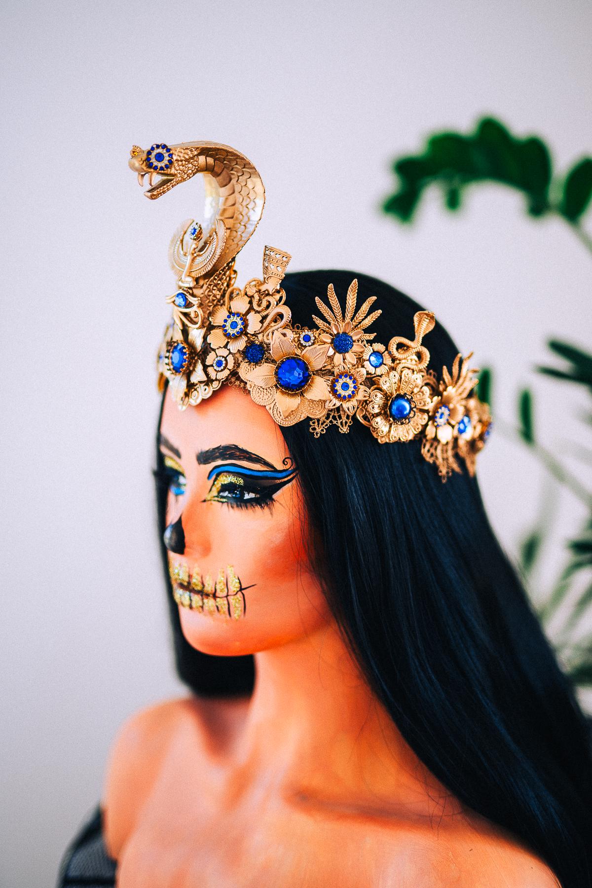 Luxury Cleopatra Crown, Egyptian Cobra Crown, Blue Gold Halloween Crown, Queen of the Nile Headpiece, Fantasy Costume Crown