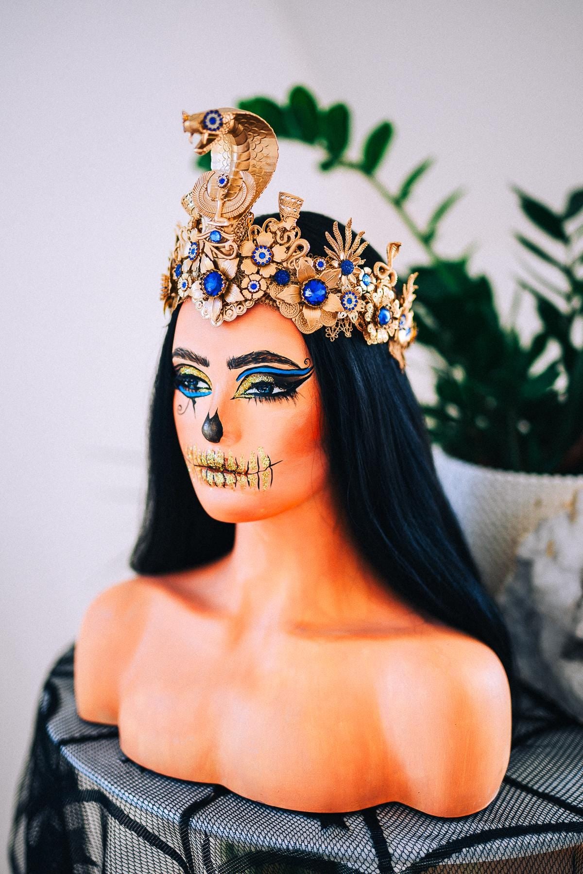 Luxury Cleopatra Crown, Egyptian Cobra Crown, Blue Gold Halloween Crown, Queen of the Nile Headpiece, Fantasy Costume Crown