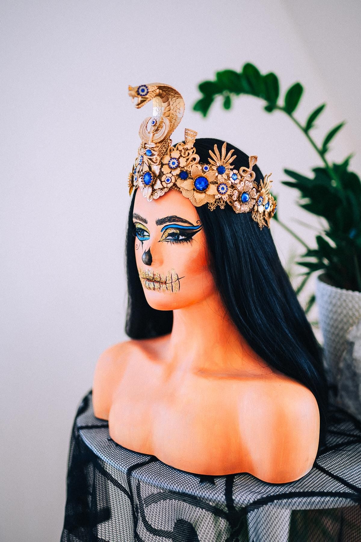 Luxury Cleopatra Crown, Egyptian Cobra Crown, Blue Gold Halloween Crown, Queen of the Nile Headpiece, Fantasy Costume Crown