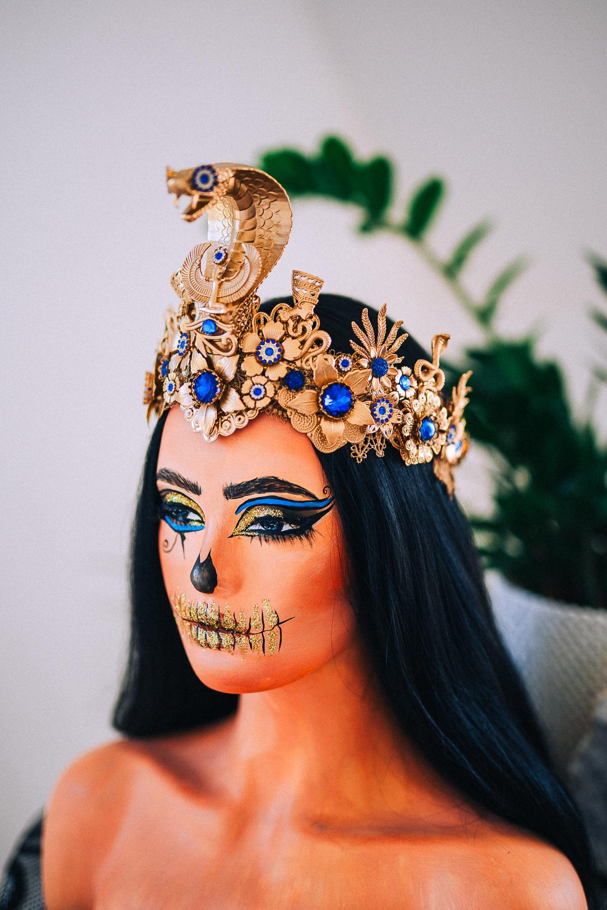 Luxury Cleopatra Crown, Egyptian Cobra Crown, Blue Gold Halloween Crown, Queen of the Nile Headpiece, Fantasy Costume Crown