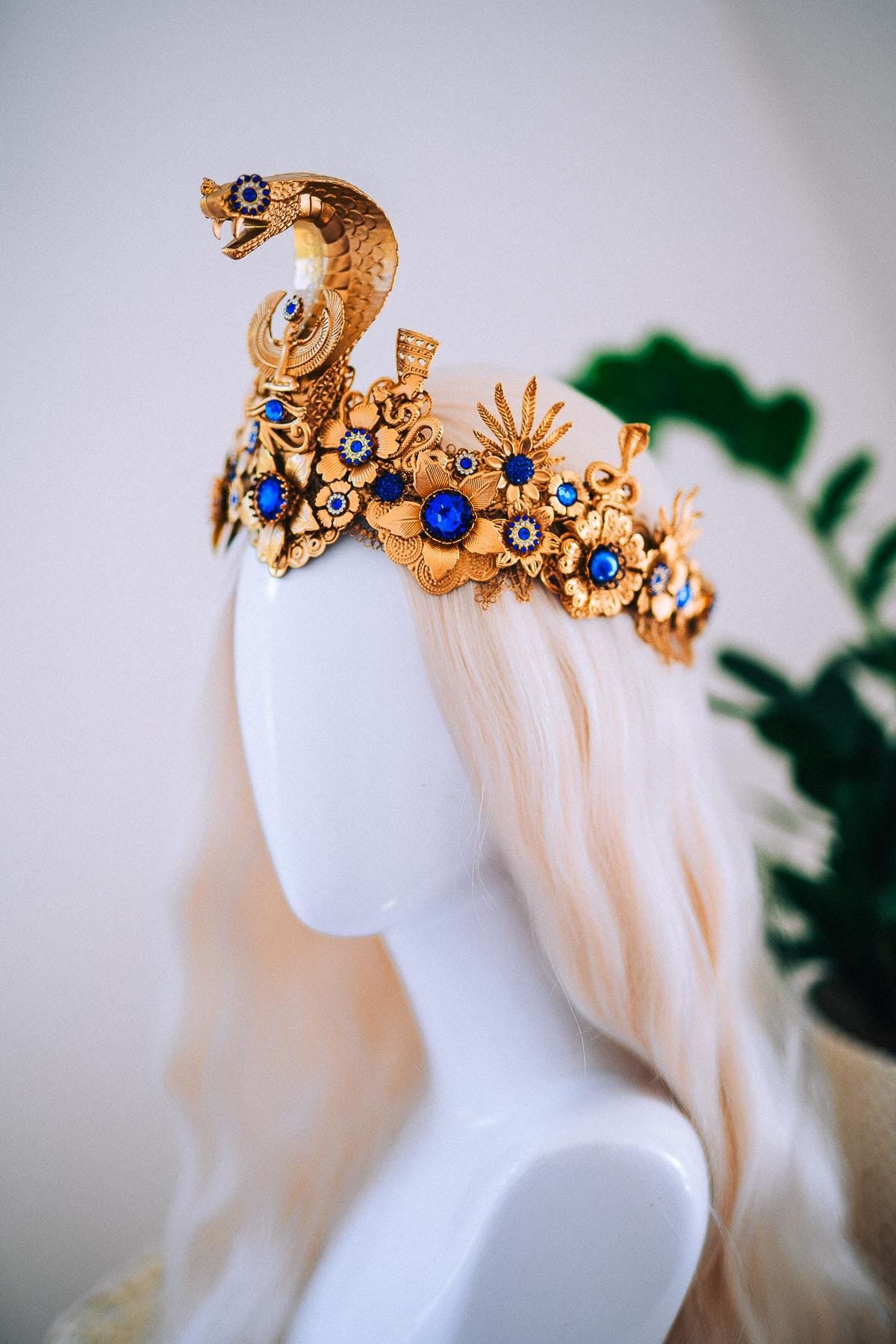 Luxury Cleopatra Crown, Egyptian Cobra Crown, Blue Gold Halloween Crown, Queen of the Nile Headpiece, Fantasy Costume Crown