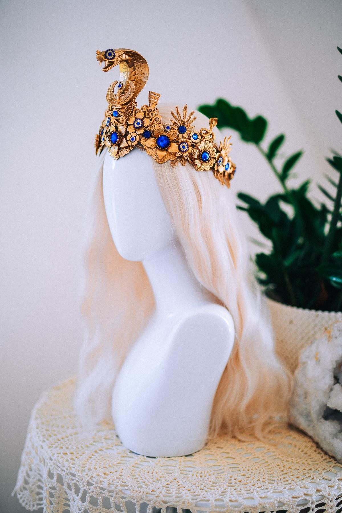 Luxury Cleopatra Crown, Egyptian Cobra Crown, Blue Gold Halloween Crown, Queen of the Nile Headpiece, Fantasy Costume Crown