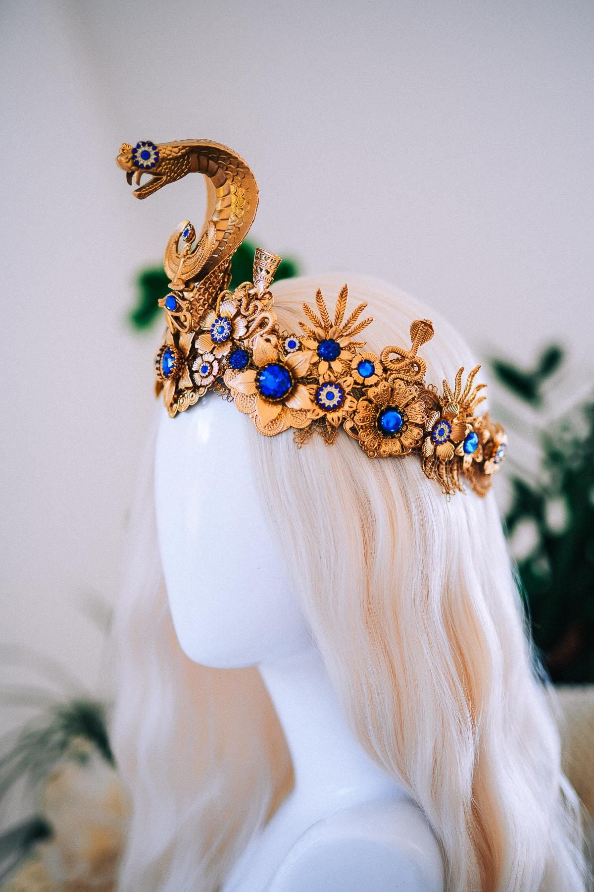 Luxury Cleopatra Crown, Egyptian Cobra Crown, Blue Gold Halloween Crown, Queen of the Nile Headpiece, Fantasy Costume Crown