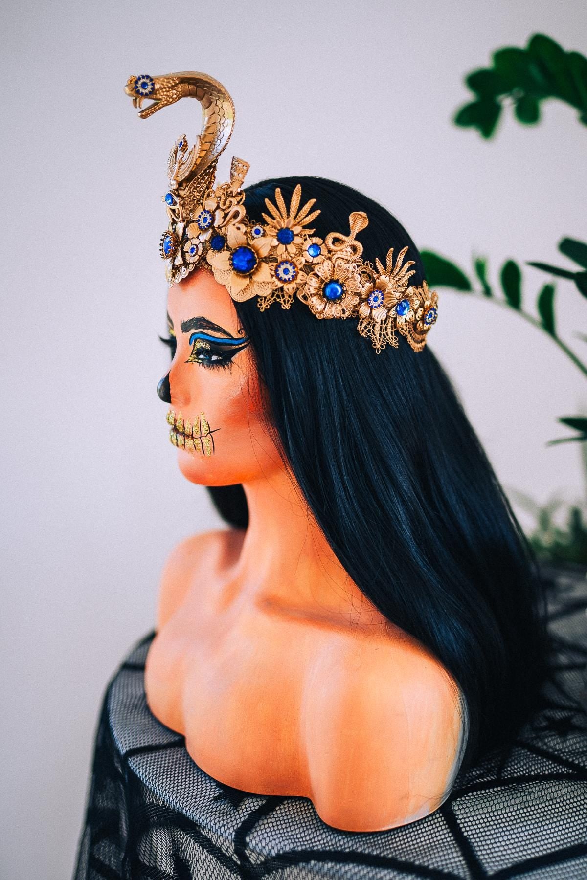Luxury Cleopatra Crown, Egyptian Cobra Crown, Blue Gold Halloween Crown, Queen of the Nile Headpiece, Fantasy Costume Crown