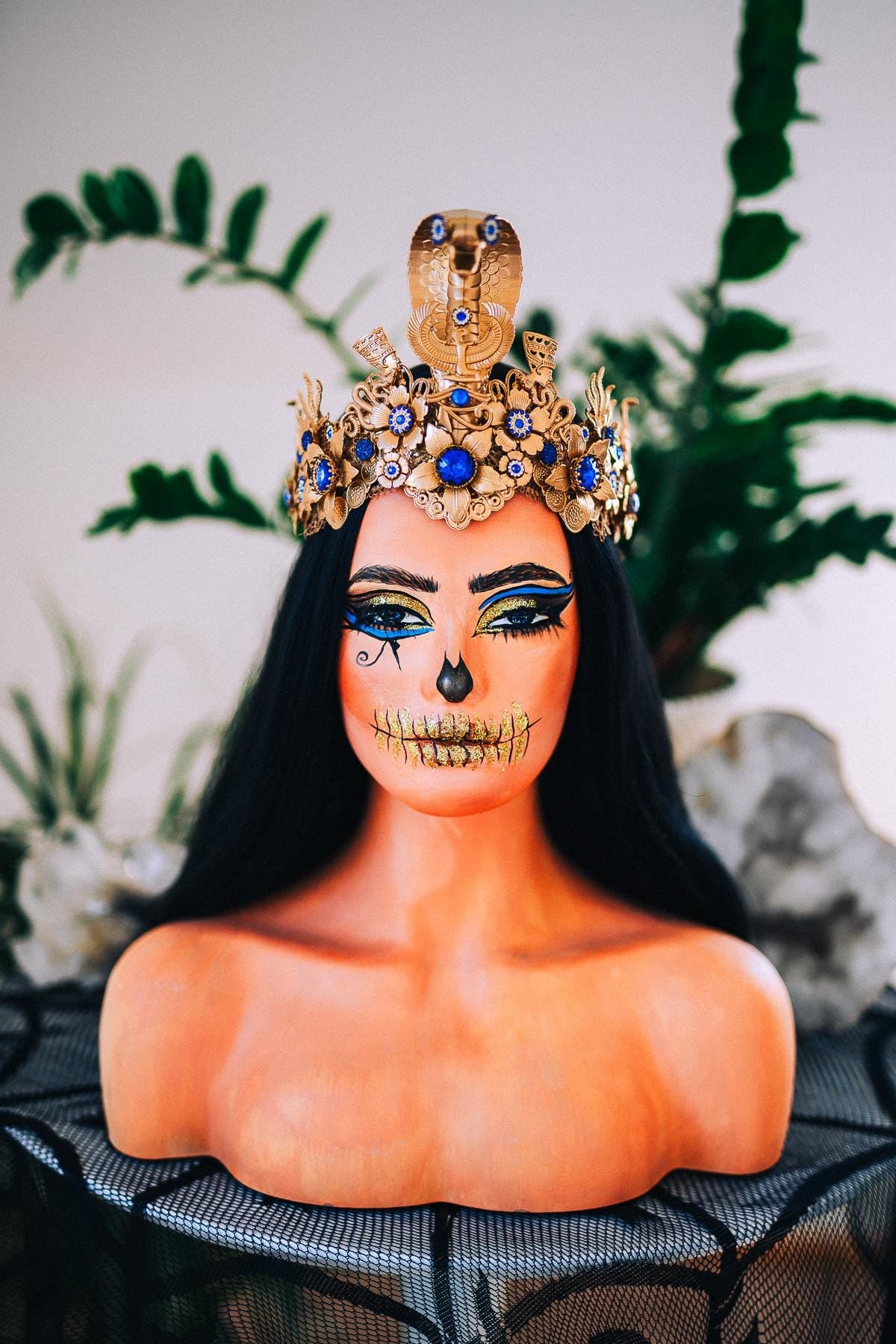 Luxury Cleopatra Crown, Egyptian Cobra Crown, Blue Gold Halloween Crown, Queen of the Nile Headpiece, Fantasy Costume Crown