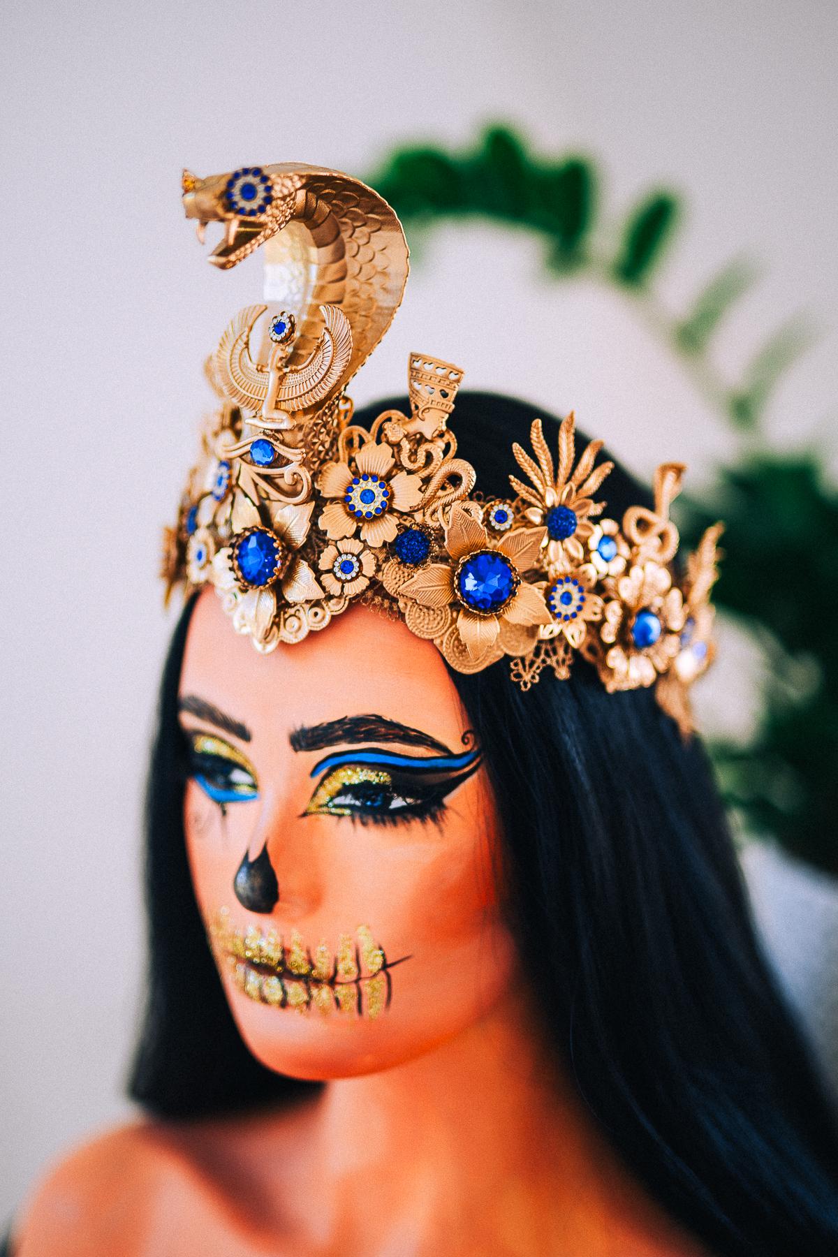 Luxury Cleopatra Crown, Egyptian Cobra Crown, Blue Gold Halloween Crown, Queen of the Nile Headpiece, Fantasy Costume Crown