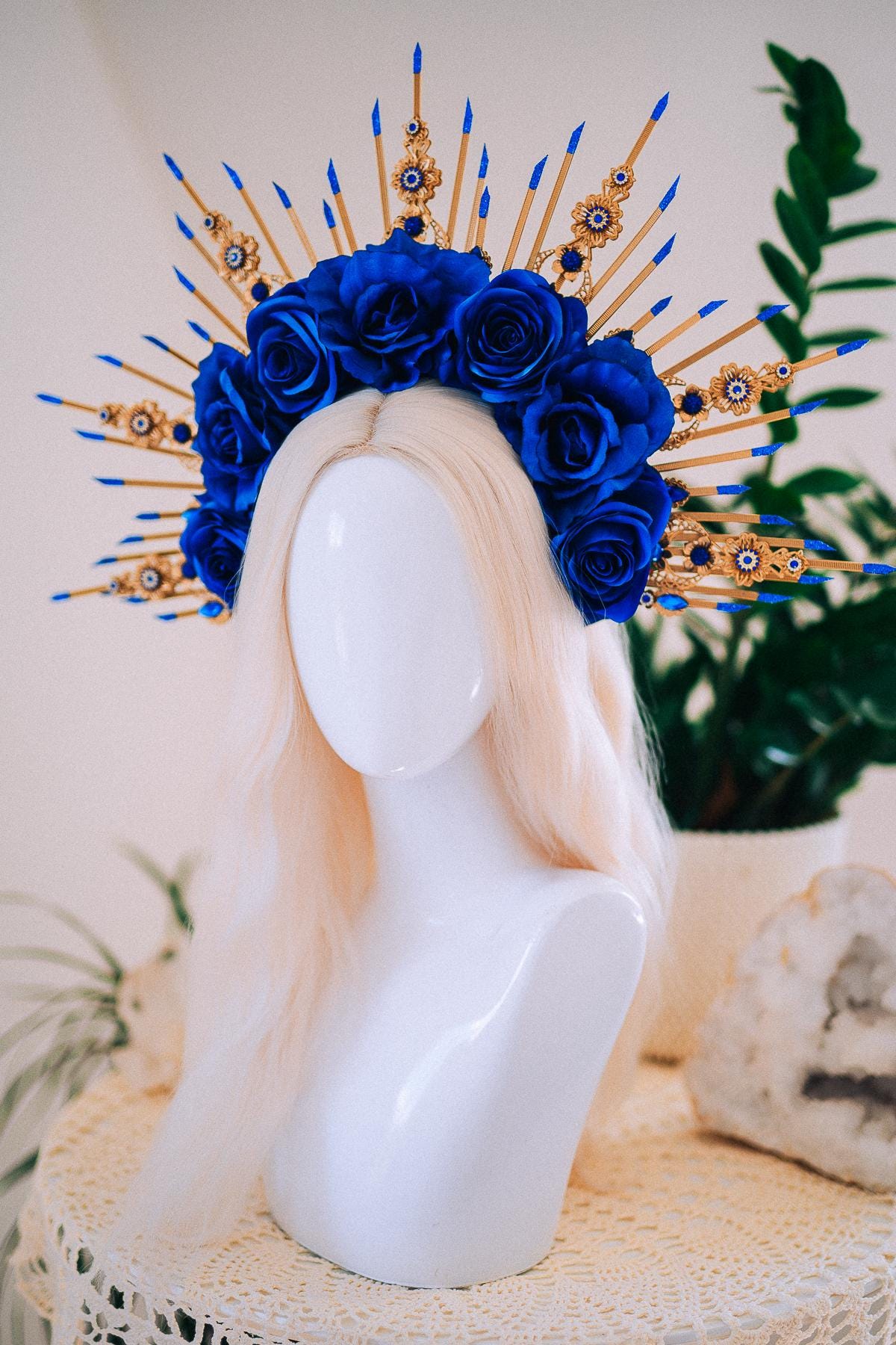 Royal Blue Rose Halo Crown, Maternity Photoshoot Crown, Goddess Flower Headpiece, Fantasy Festival Floral Crown