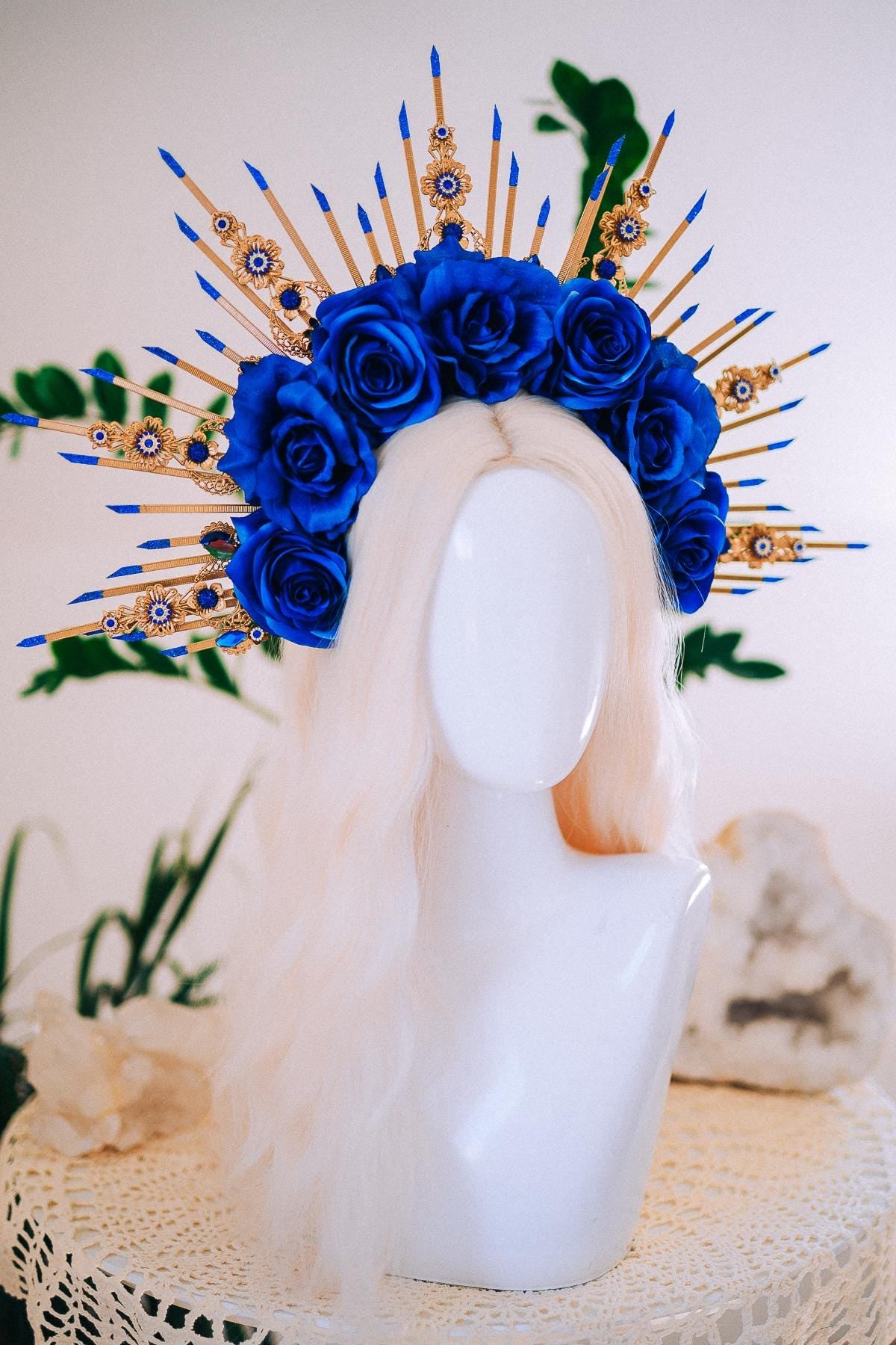 Royal Blue Rose Halo Crown, Maternity Photoshoot Crown, Goddess Flower Headpiece, Fantasy Festival Floral Crown