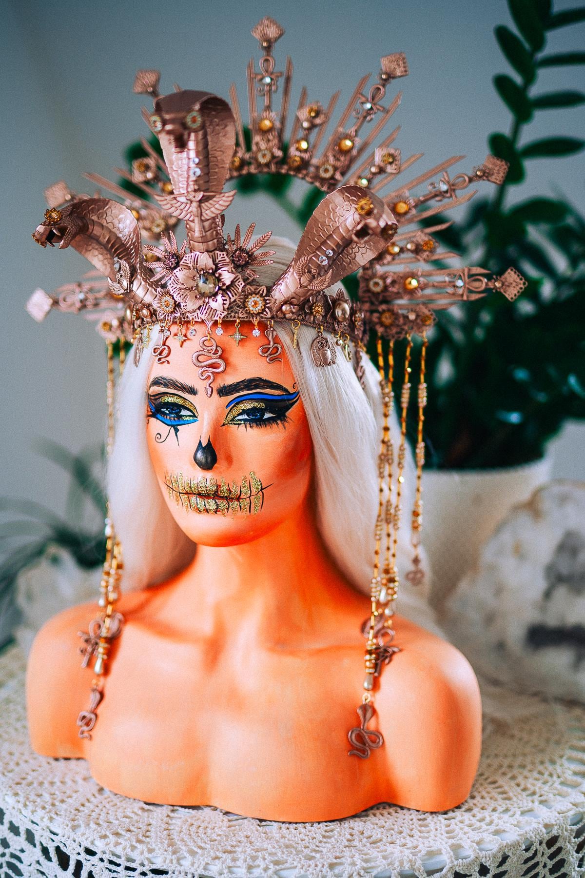 Champagne Cobra Cleopatra Crown, Egyptian Goddess Headpiece, Bronze Fantasy Crown, Halloween Costume Crown
