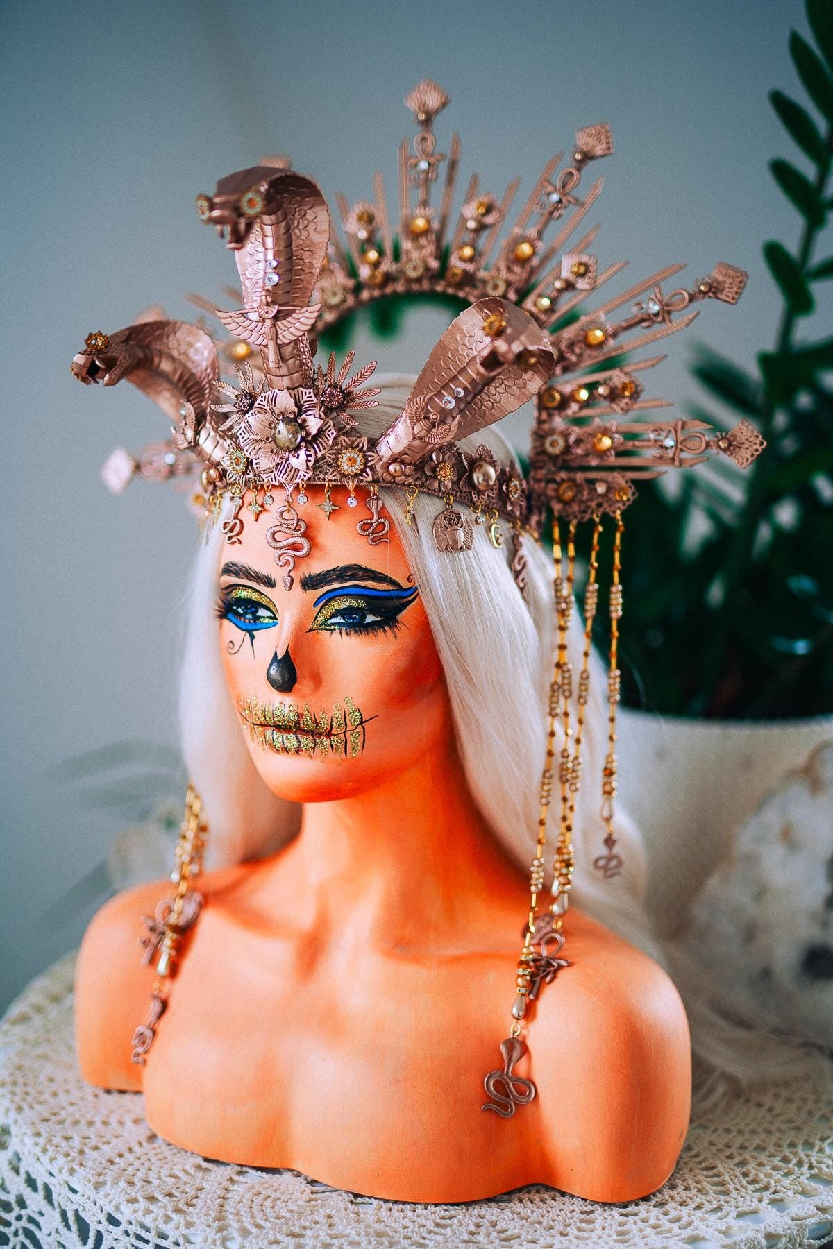Champagne Cobra Cleopatra Crown, Egyptian Goddess Headpiece, Bronze Fantasy Crown, Halloween Costume Crown
