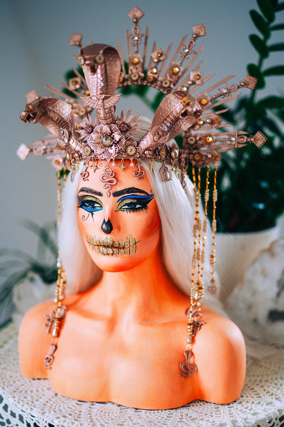 Champagne Cobra Cleopatra Crown, Egyptian Goddess Headpiece, Bronze Fantasy Crown, Halloween Costume Crown