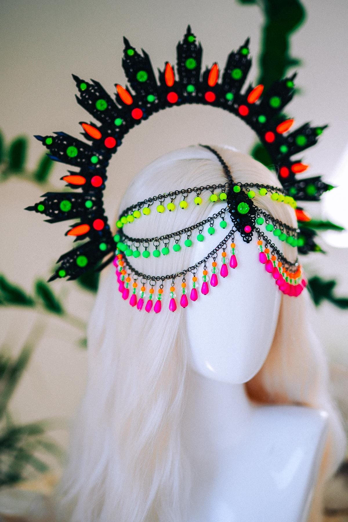 Neon UV Blacklight Halo Crown, Fluorescent Festival Headpiece, Rave Goddess Crown, Burning Man Headdress