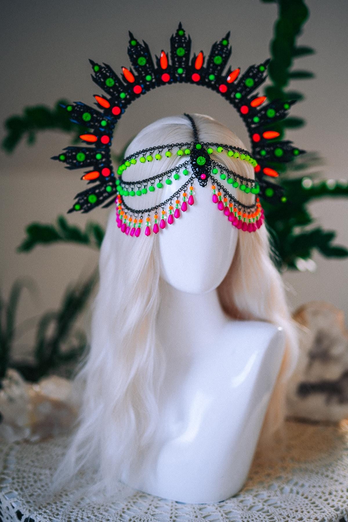 Neon UV Blacklight Halo Crown, Fluorescent Festival Headpiece, Rave Goddess Crown, Burning Man Headdress