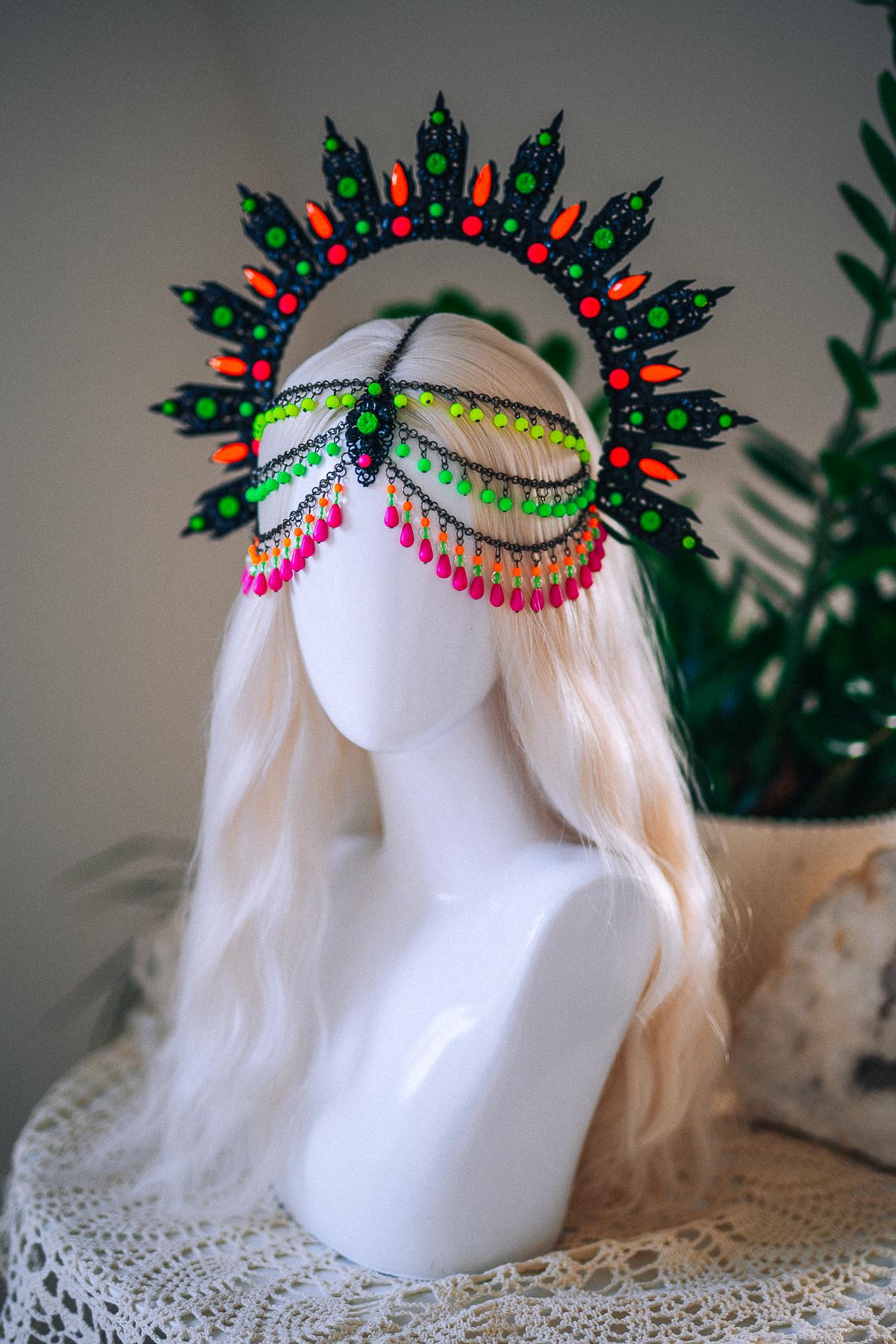 Neon UV Blacklight Halo Crown, Fluorescent Festival Headpiece, Rave Goddess Crown, Burning Man Headdress