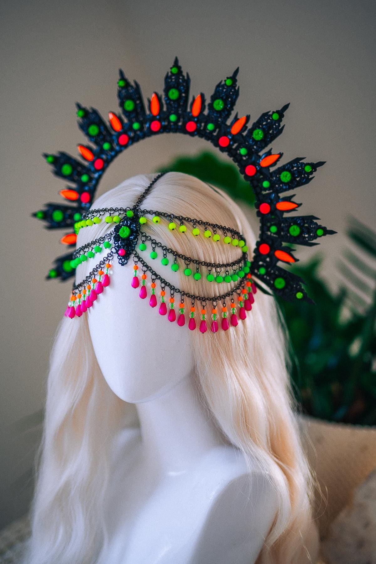 Neon UV Blacklight Halo Crown, Fluorescent Festival Headpiece, Rave Goddess Crown, Burning Man Headdress