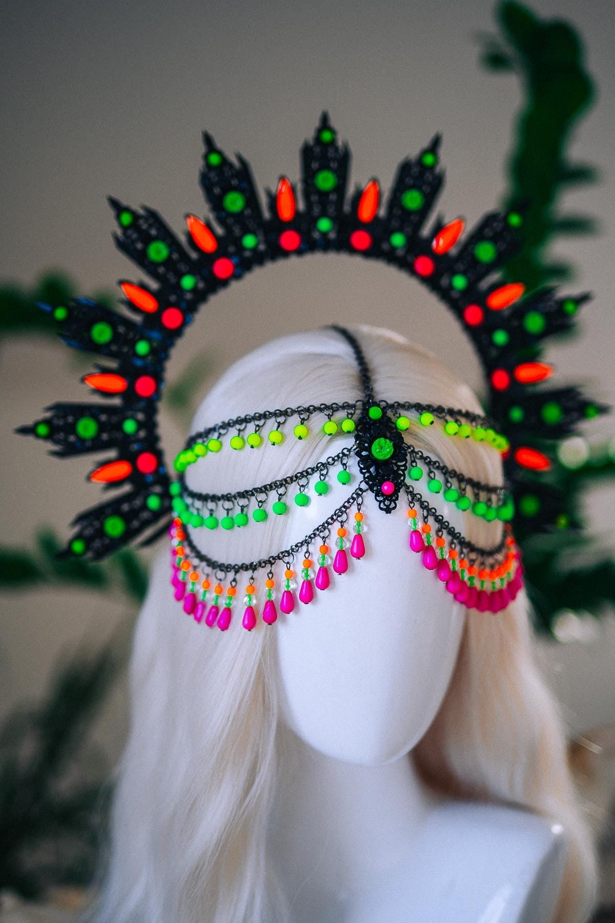 Neon UV Blacklight Halo Crown, Fluorescent Festival Headpiece, Rave Goddess Crown, Burning Man Headdress