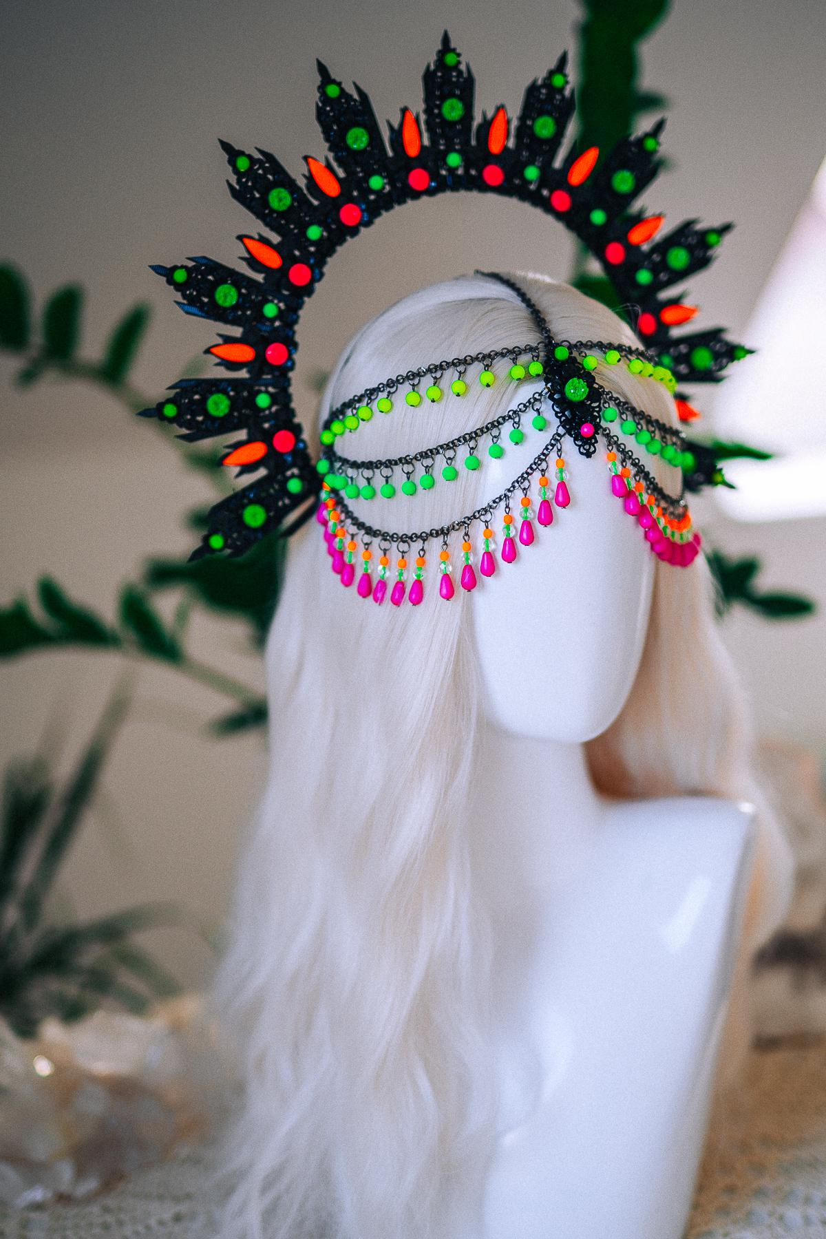 Neon UV Blacklight Halo Crown, Fluorescent Festival Headpiece, Rave Goddess Crown, Burning Man Headdress