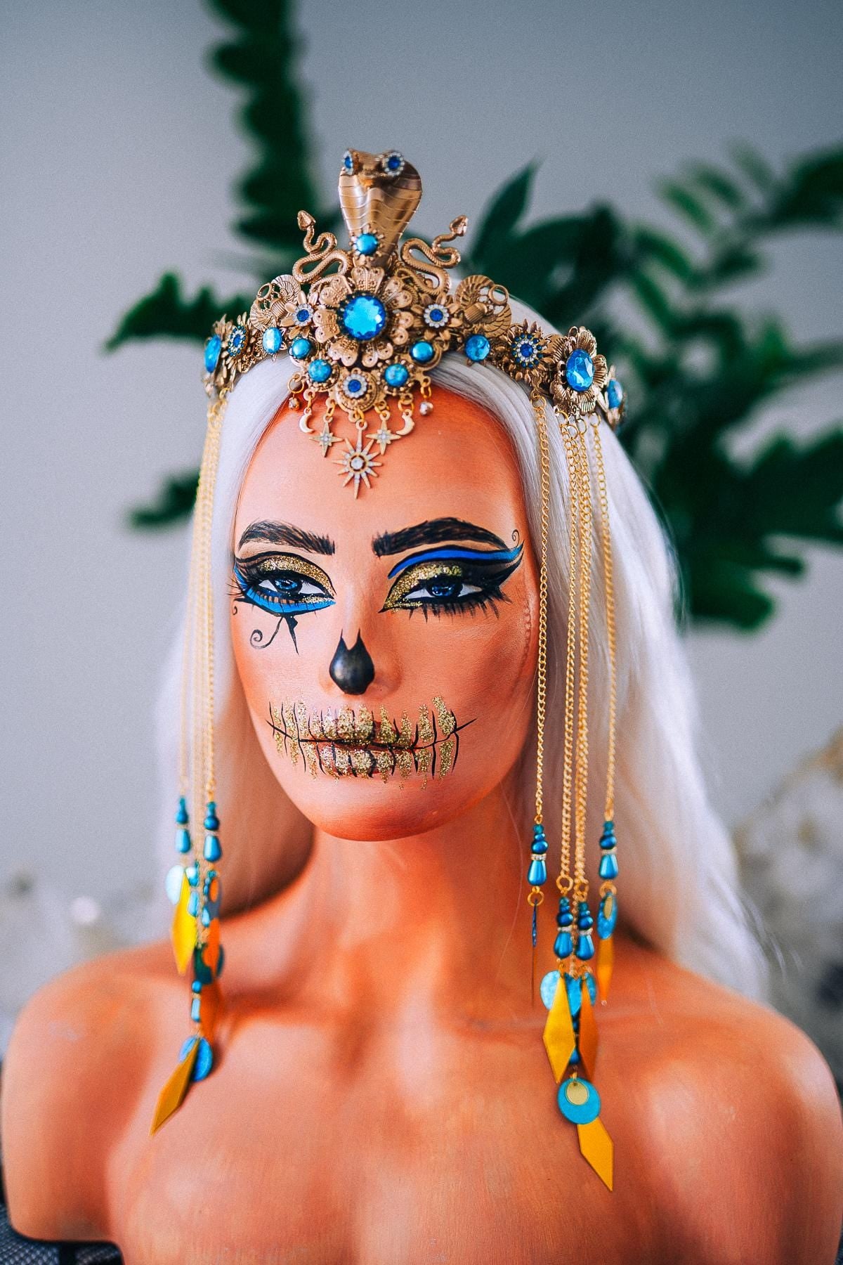 Luxury Cleopatra Cobra Crown – Egyptian Goddess Tiara, Turquoise Gold Headpiece, Pharaoh Crown, Festival & Halloween Costume