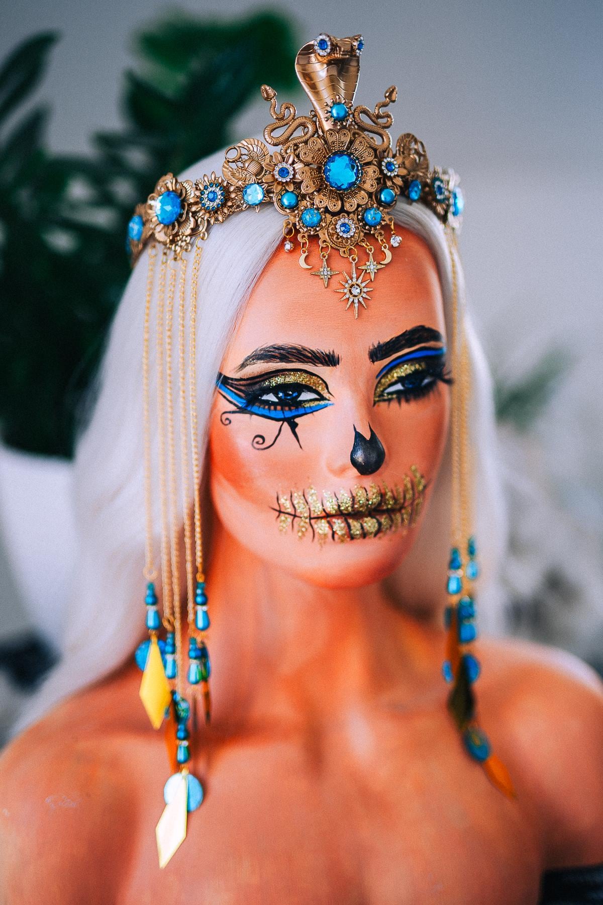 Luxury Cleopatra Cobra Crown – Egyptian Goddess Tiara, Turquoise Gold Headpiece, Pharaoh Crown, Festival & Halloween Costume