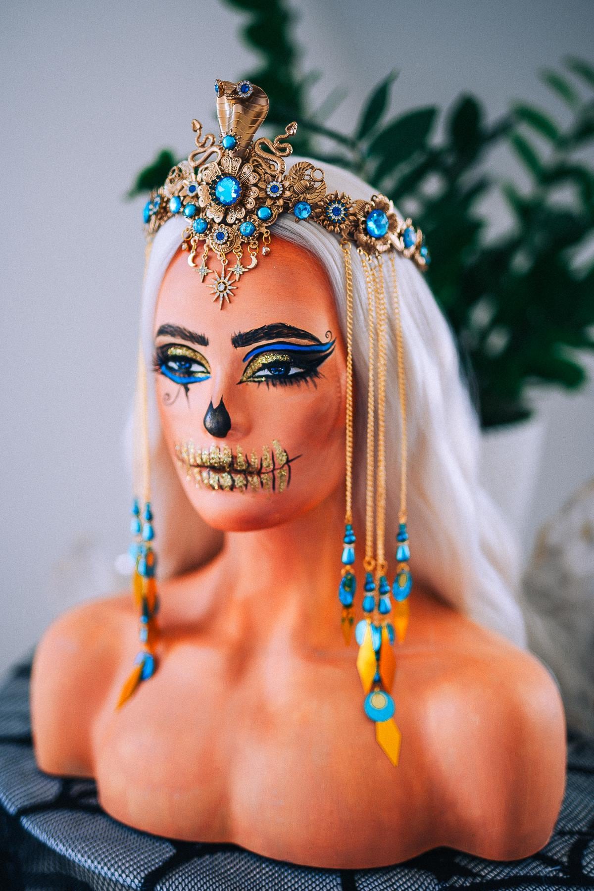 Luxury Cleopatra Cobra Crown – Egyptian Goddess Tiara, Turquoise Gold Headpiece, Pharaoh Crown, Festival & Halloween Costume