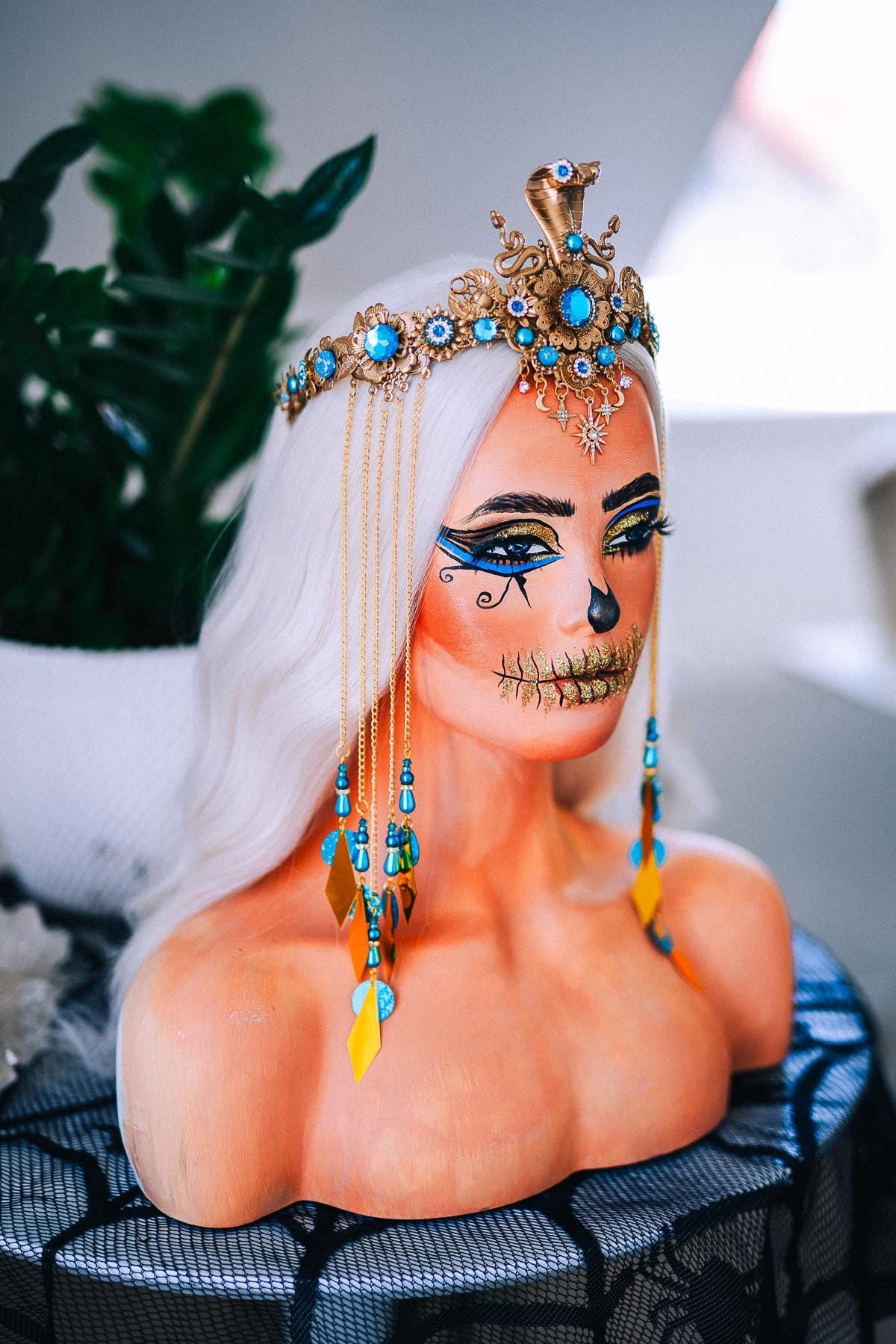 Luxury Cleopatra Cobra Crown – Egyptian Goddess Tiara, Turquoise Gold Headpiece, Pharaoh Crown, Festival & Halloween Costume