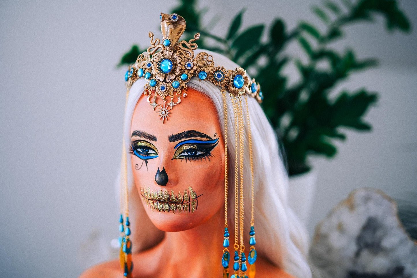 Luxury Cleopatra Cobra Crown – Egyptian Goddess Tiara, Turquoise Gold Headpiece, Pharaoh Crown, Festival & Halloween Costume