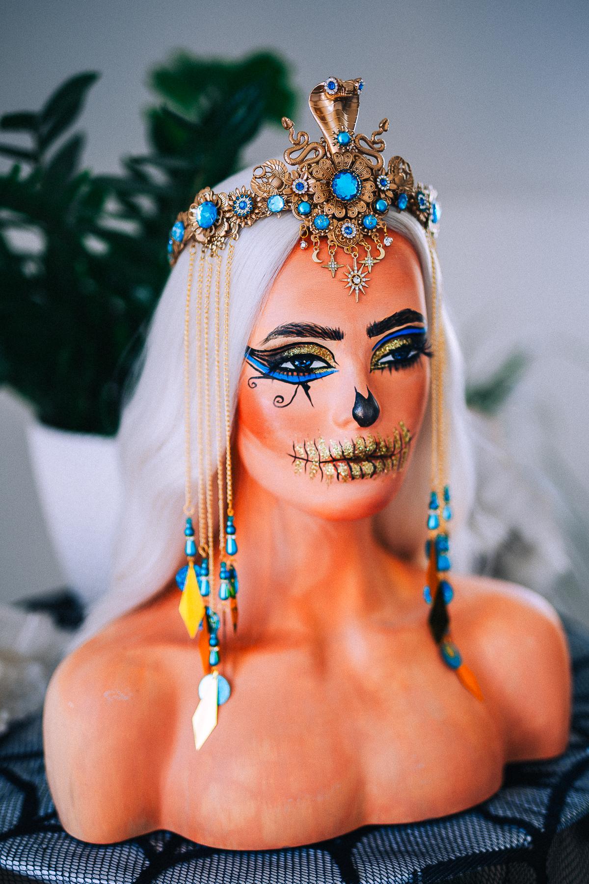 Luxury Cleopatra Cobra Crown – Egyptian Goddess Tiara, Turquoise Gold Headpiece, Pharaoh Crown, Festival & Halloween Costume