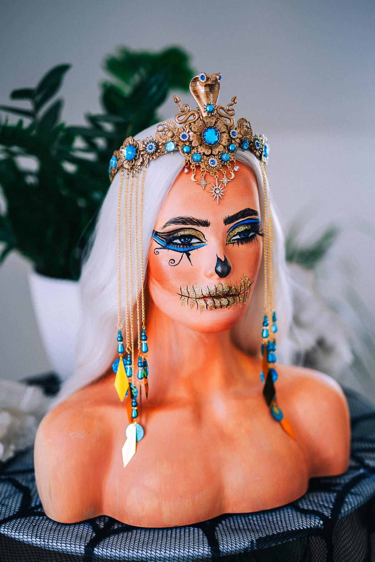 Luxury Cleopatra Cobra Crown – Egyptian Goddess Tiara, Turquoise Gold Headpiece, Pharaoh Crown, Festival & Halloween Costume