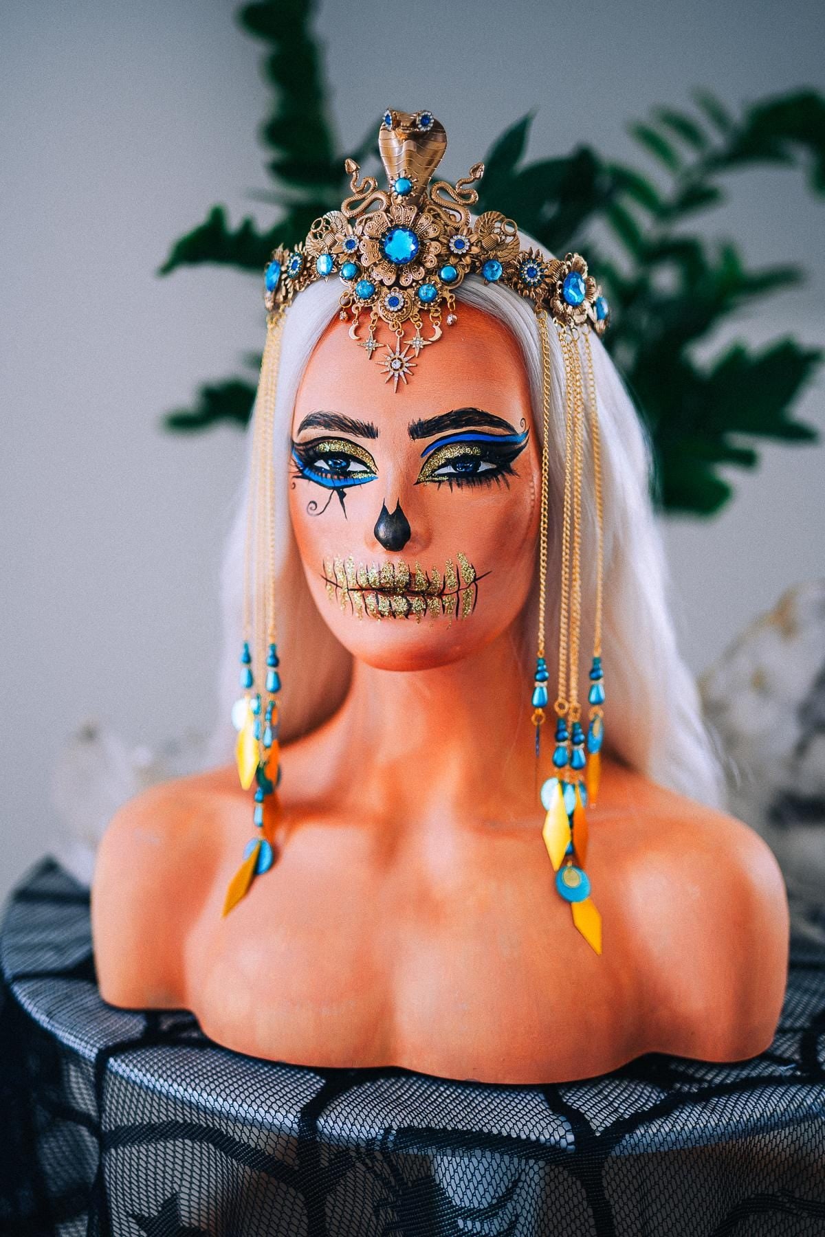 Luxury Cleopatra Cobra Crown – Egyptian Goddess Tiara, Turquoise Gold Headpiece, Pharaoh Crown, Festival & Halloween Costume
