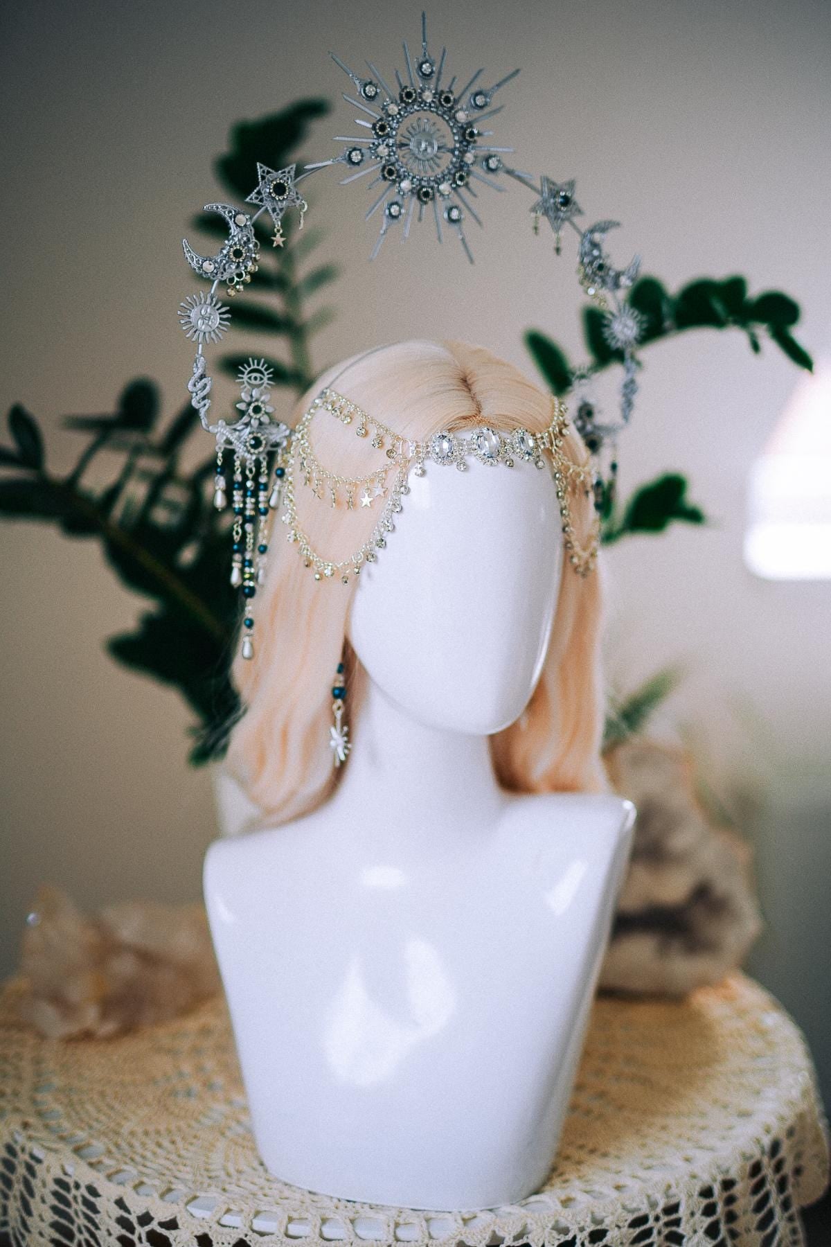 Silver Celestial Halo Crown, Moon and Stars Headpiece, Emerald Crystal Crown, Boho Goddess Tiara, Fantasy Festival Headpiece