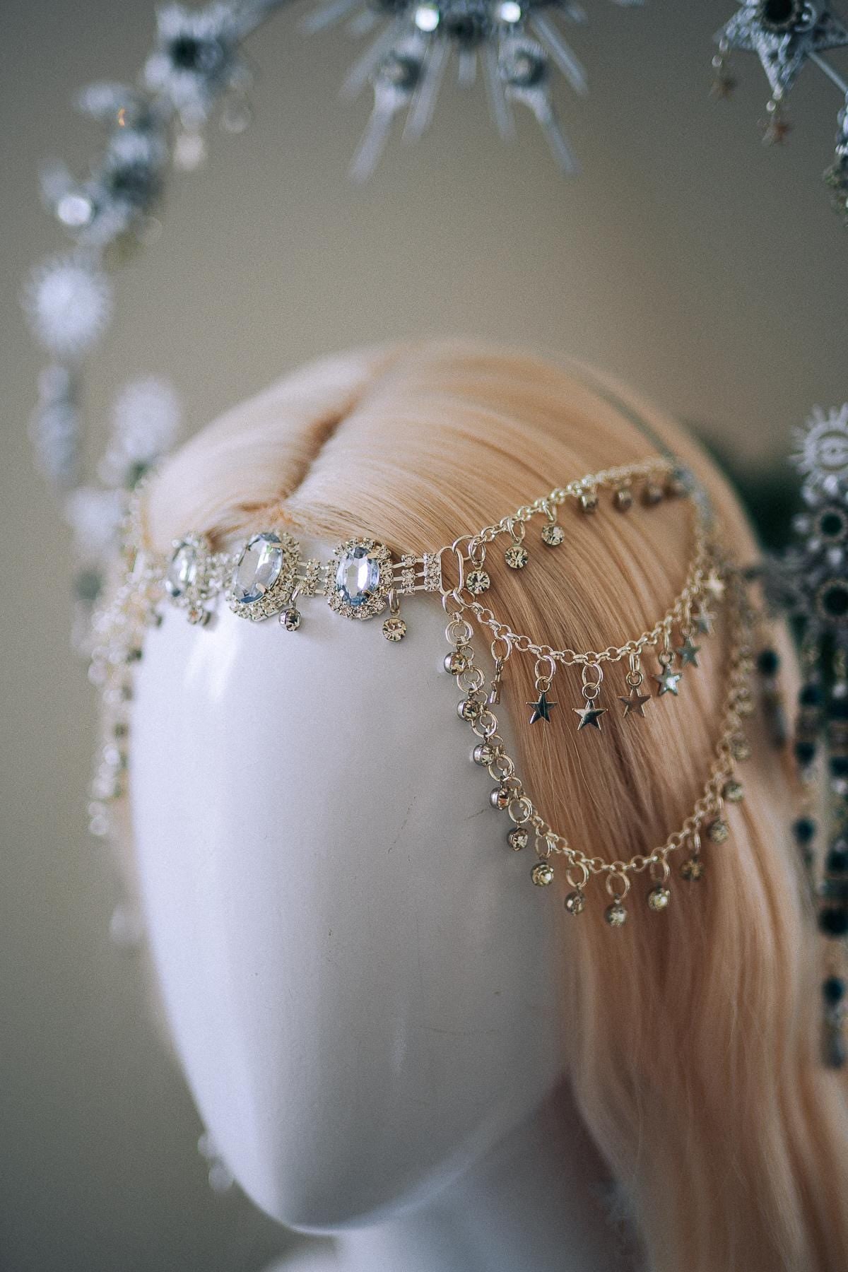 Silver Celestial Halo Crown, Moon and Stars Headpiece, Emerald Crystal Crown, Boho Goddess Tiara, Fantasy Festival Headpiece