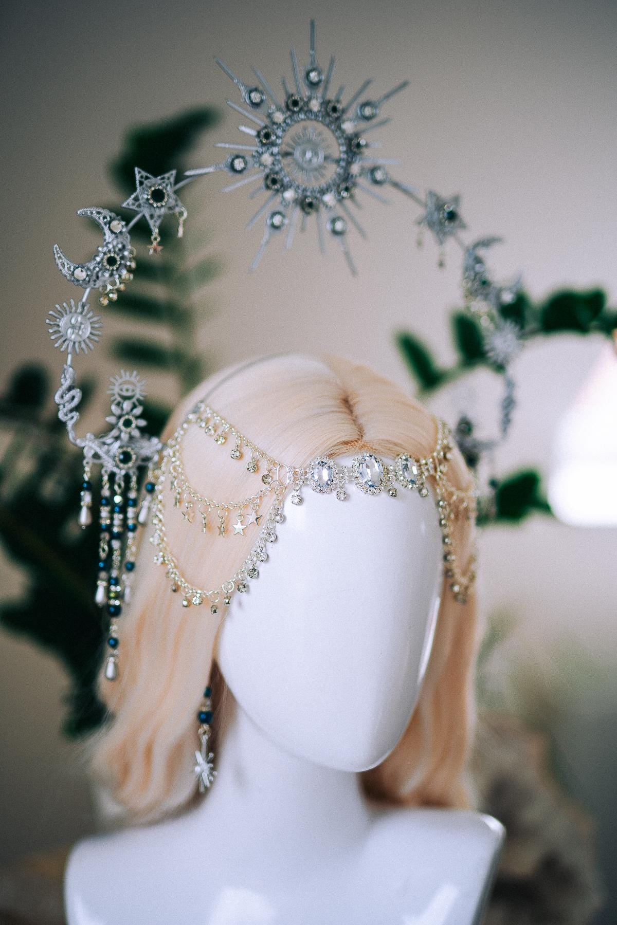 Silver Celestial Halo Crown, Moon and Stars Headpiece, Emerald Crystal Crown, Boho Goddess Tiara, Fantasy Festival Headpiece