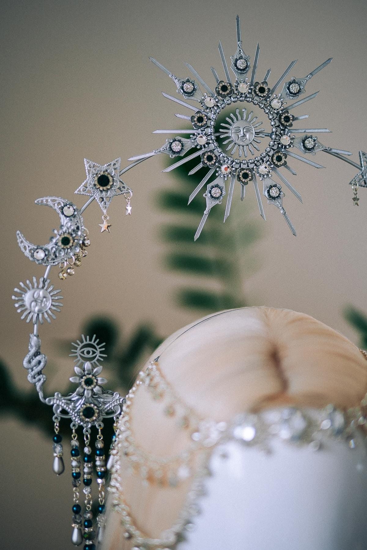 Silver Celestial Halo Crown, Moon and Stars Headpiece, Emerald Crystal Crown, Boho Goddess Tiara, Fantasy Festival Headpiece