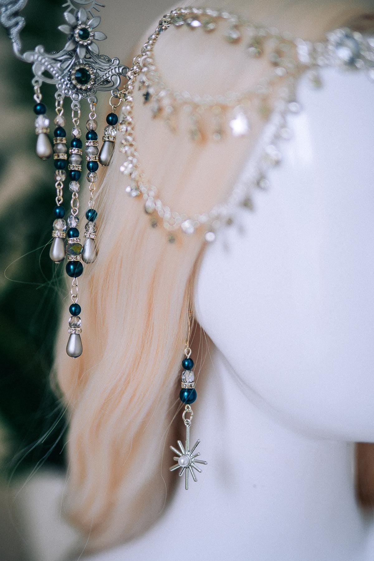 Silver Celestial Halo Crown, Moon and Stars Headpiece, Emerald Crystal Crown, Boho Goddess Tiara, Fantasy Festival Headpiece