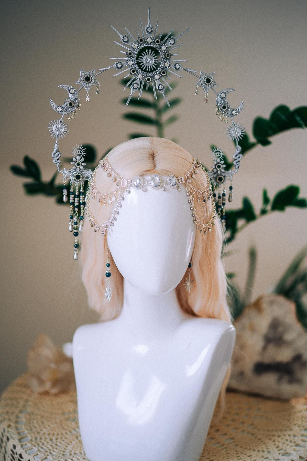 Silver Celestial Halo Crown, Moon and Stars Headpiece, Emerald Crystal Crown, Boho Goddess Tiara, Fantasy Festival Headpiece