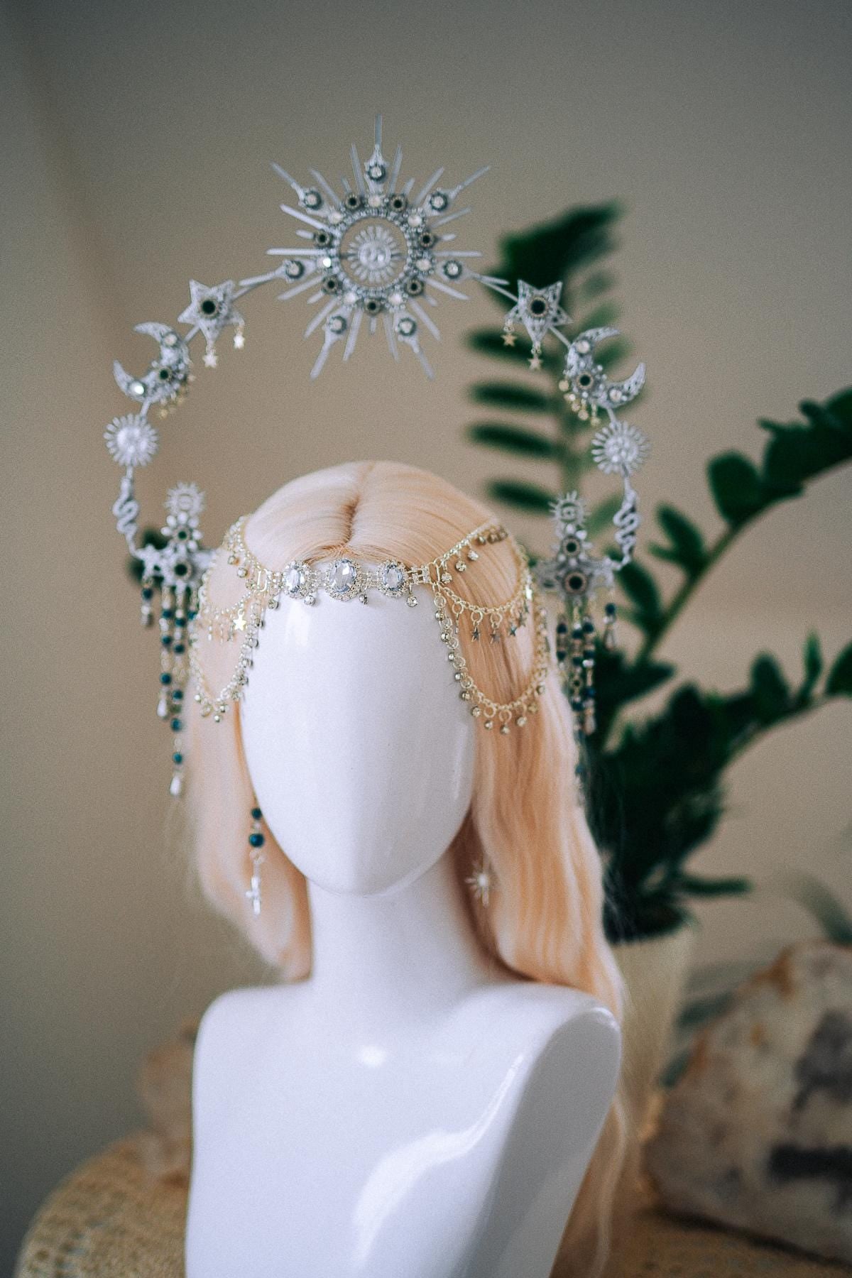 Silver Celestial Halo Crown, Moon and Stars Headpiece, Emerald Crystal Crown, Boho Goddess Tiara, Fantasy Festival Headpiece