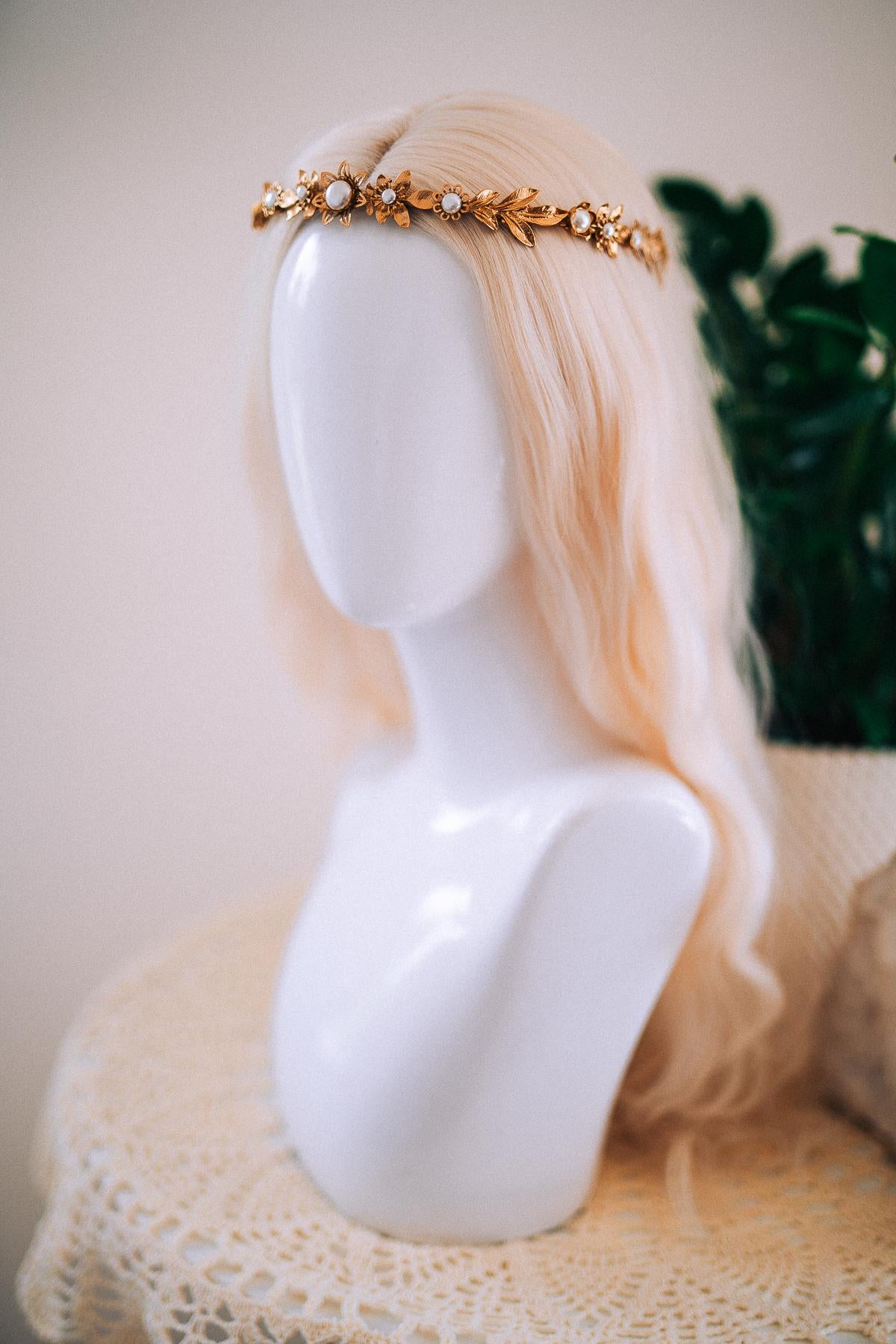 Gold Leaf Pearl Bridal Tiara, Minimalist Wedding Crown, Boho Hair Accessory