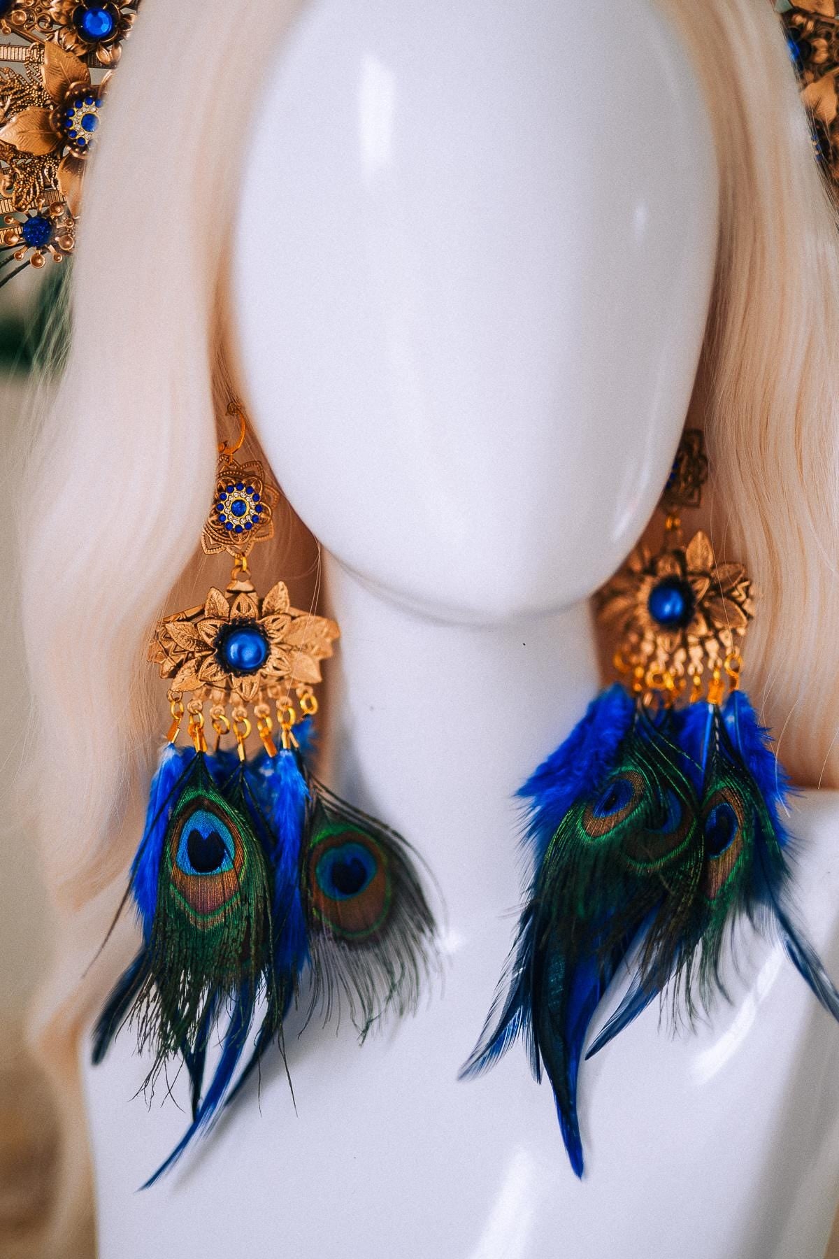 Peacock Feather Earrings, Blue Masquerade Earrings, Fantasy Ball Jewelry, Royal Blue Statement Earrings, Venetian Mask Ball Accessories