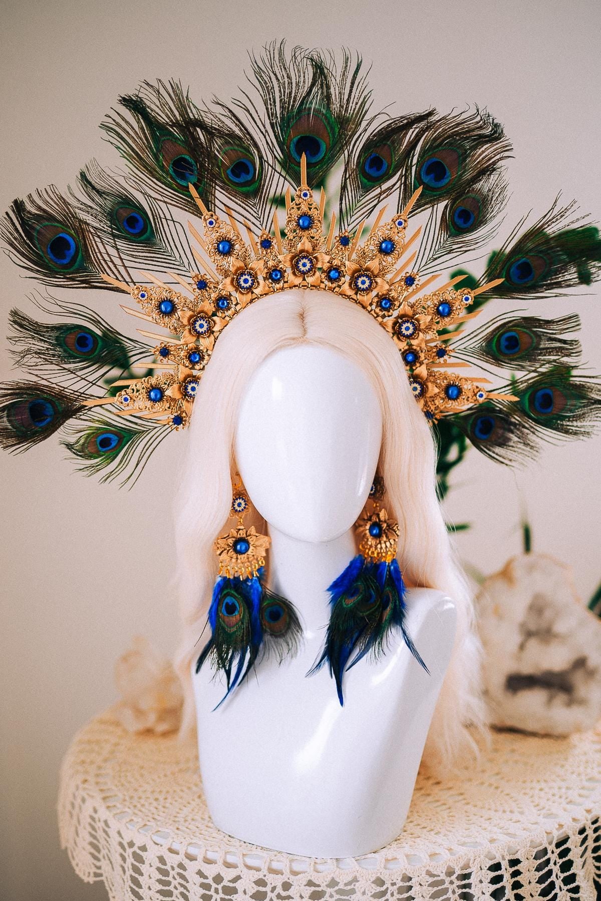 Peacock Feather Earrings, Blue Masquerade Earrings, Fantasy Ball Jewelry, Royal Blue Statement Earrings, Venetian Mask Ball Accessories