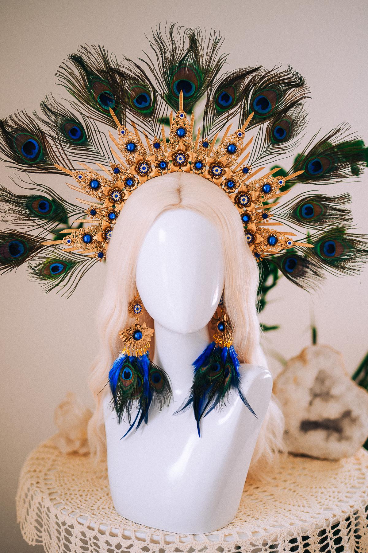 Peacock Feather Earrings, Blue Masquerade Earrings, Fantasy Ball Jewelry, Royal Blue Statement Earrings, Venetian Mask Ball Accessories