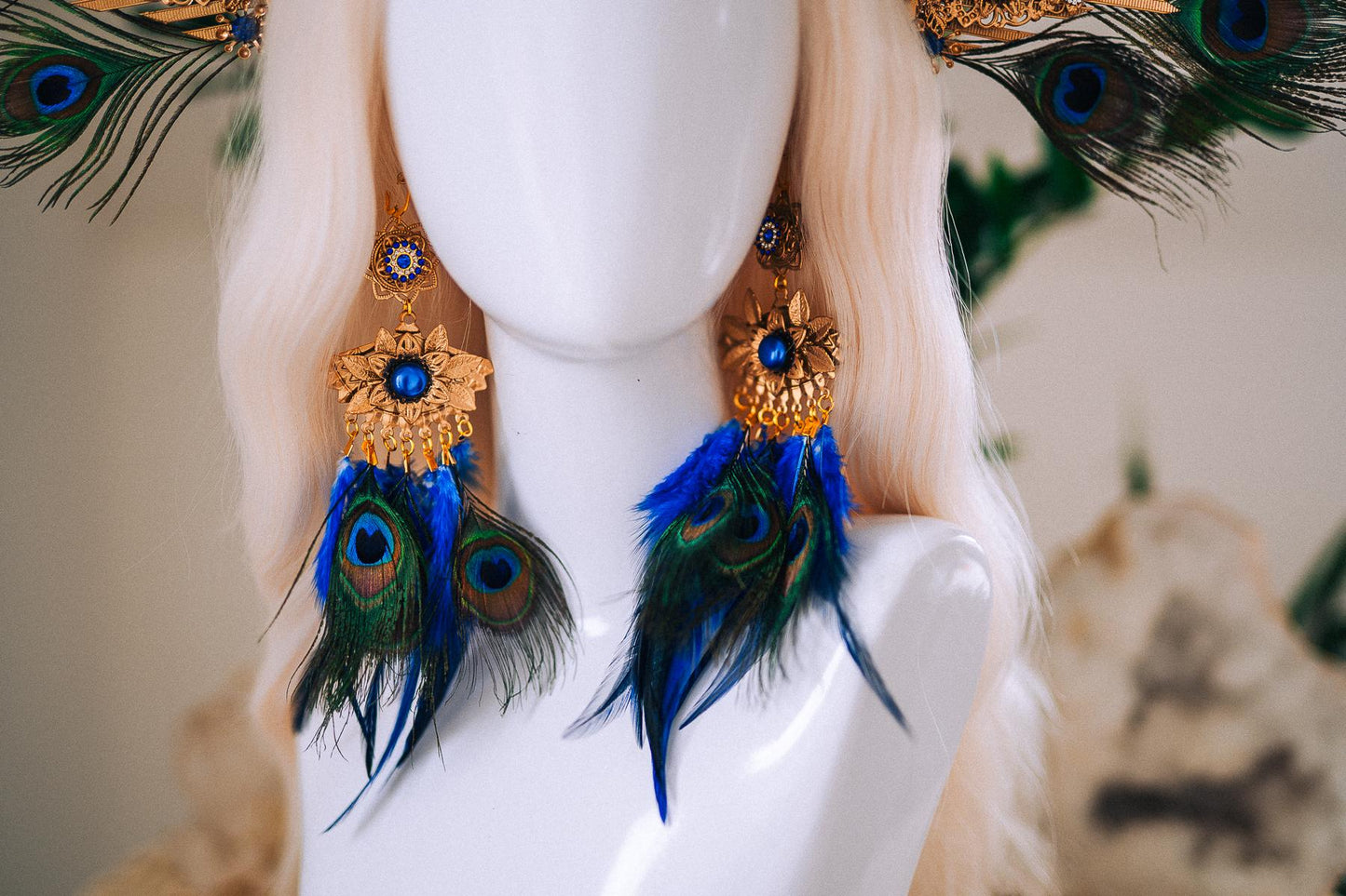 Peacock Feather Earrings, Blue Masquerade Earrings, Fantasy Ball Jewelry, Royal Blue Statement Earrings, Venetian Mask Ball Accessories